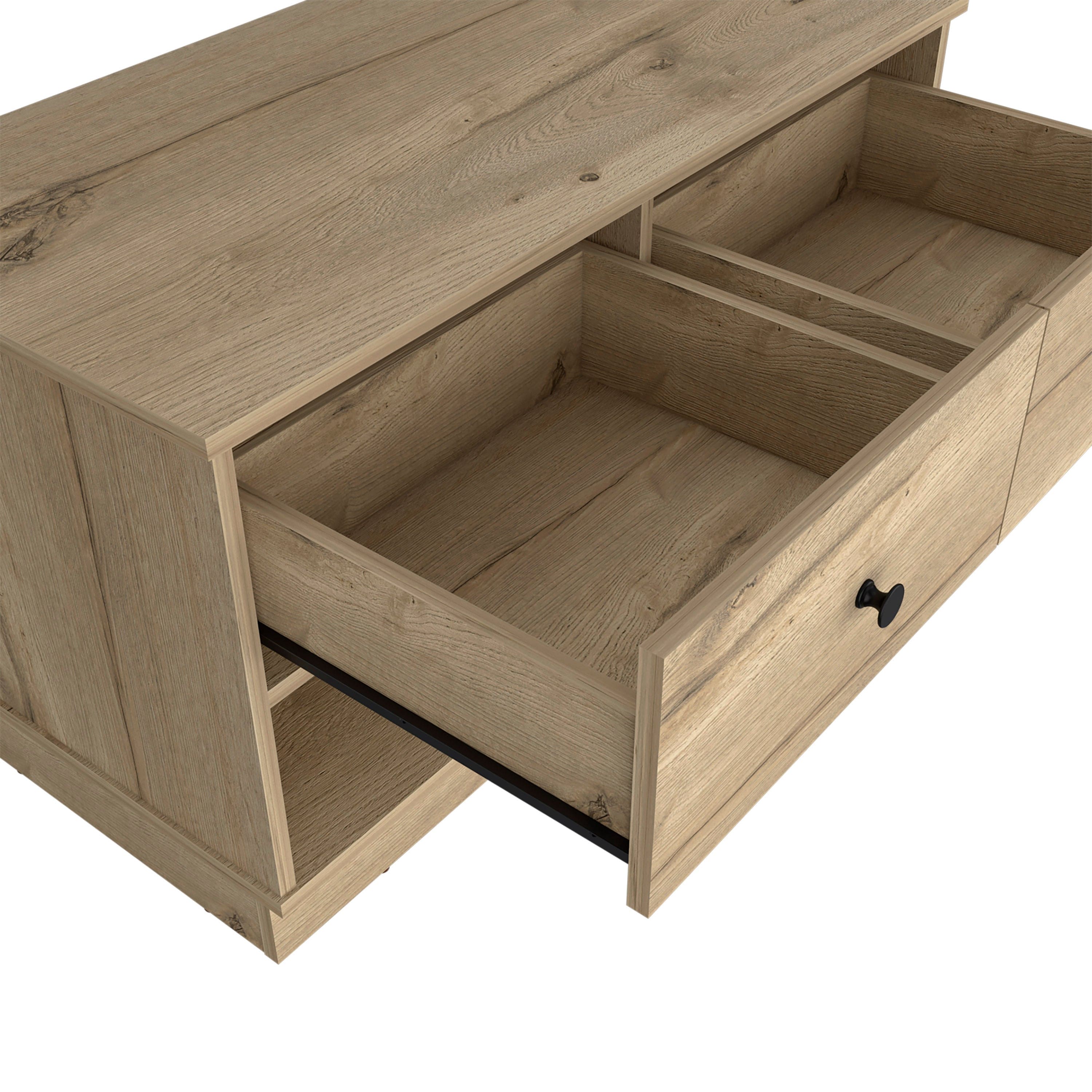 Storage Bench Beji, Lower Shelf, Two Drawers, Light Oak Finish