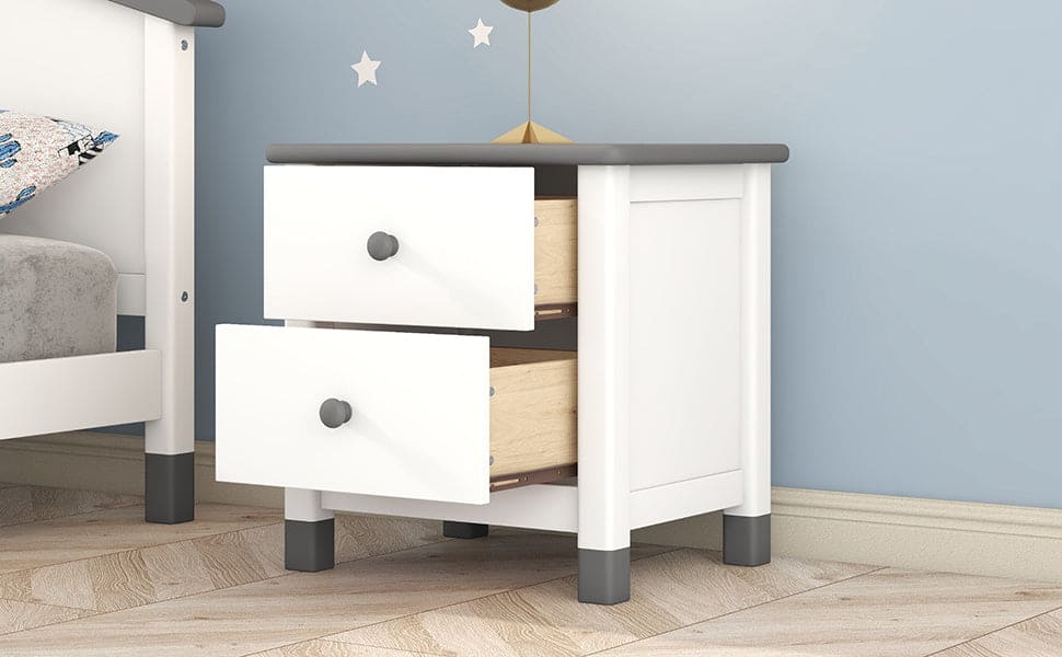 Wooden Nightstand with Two Drawers for Kids,End Table for Bedroom,White+Gray