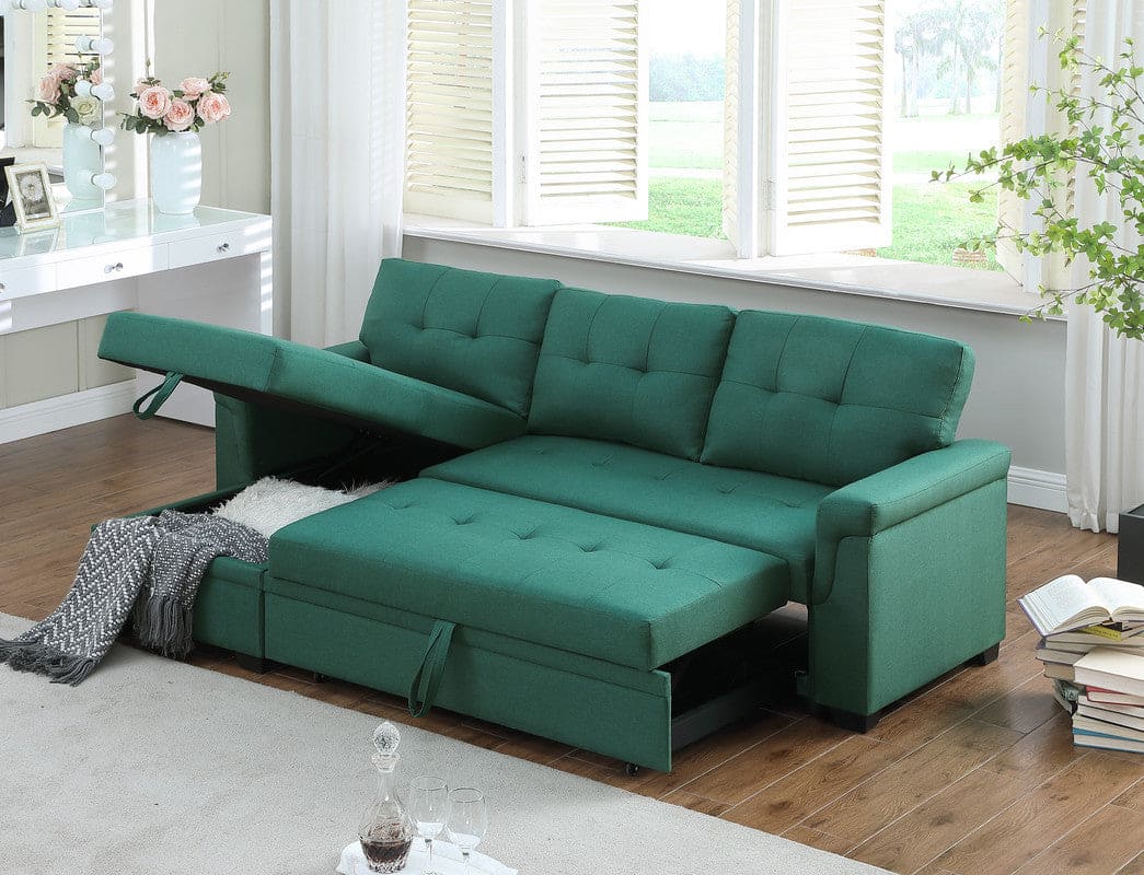 Lucca Green Linen Reversible Sleeper Sectional Sofa with Storage Chaise