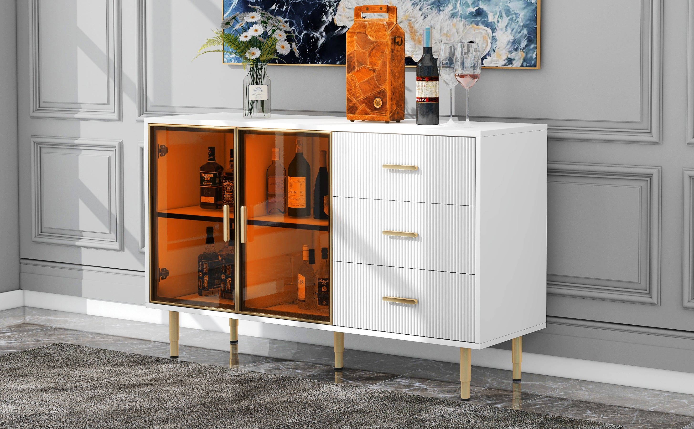 TREXM Modern Sideboard MDF Buffet Cabinet Marble Sticker Tabletop and Amber-yellow Tempered Glass Doors with Gold Metal Legs & Handles (White)