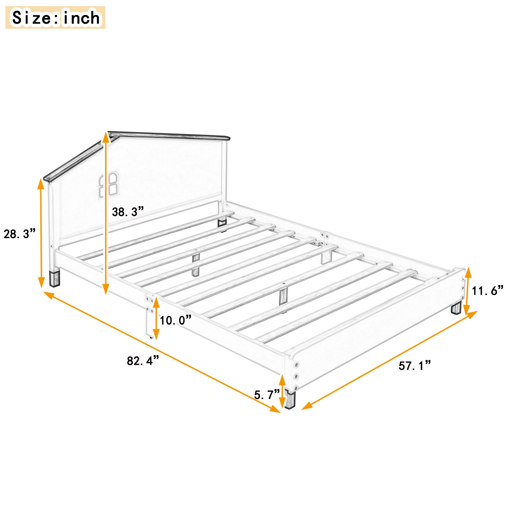 Full Size Wood Platform Bed with House-shaped Headboard  (Cream+Walnut)