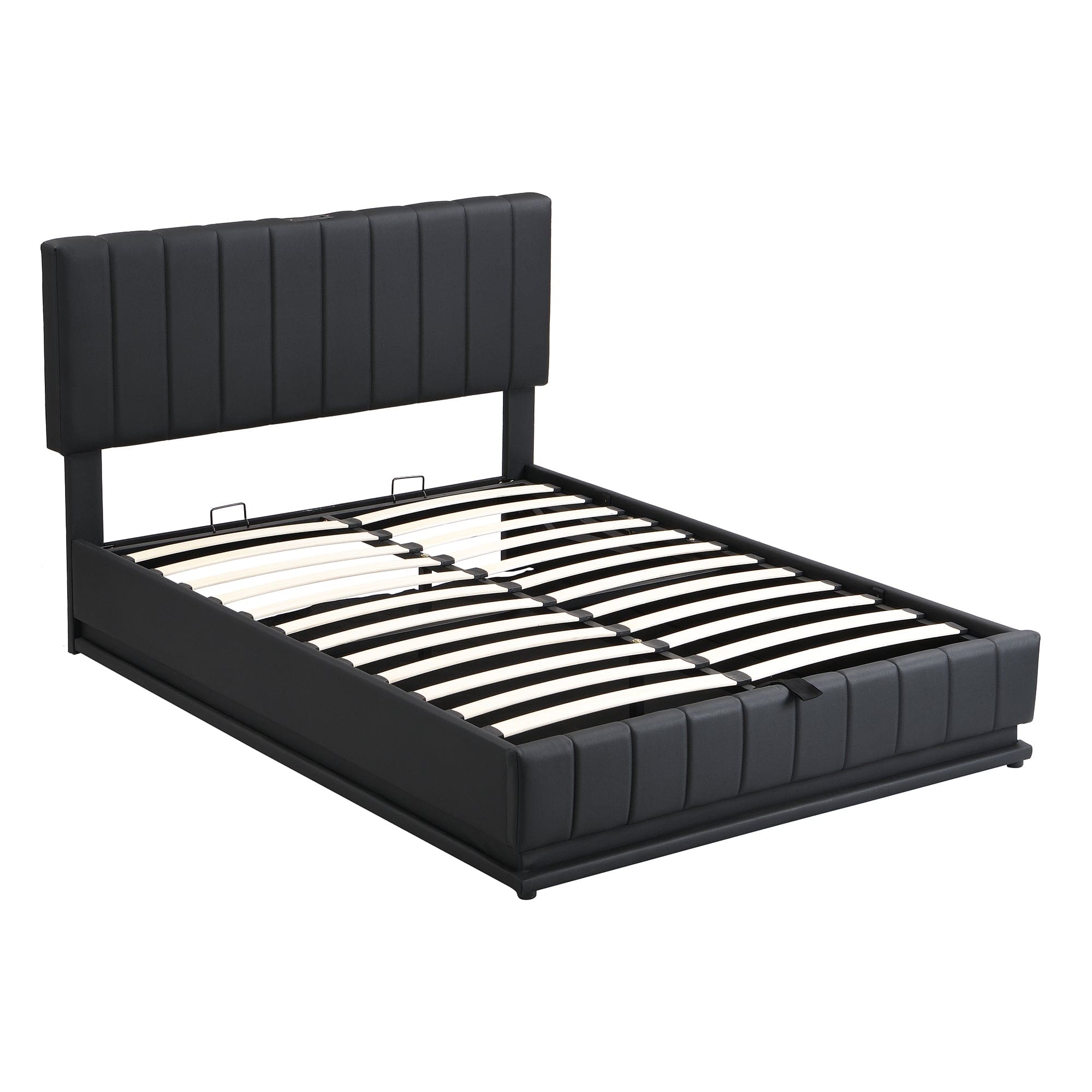 Full Size Upholstered Bed with Hydraulic Storage System and LED Light, Modern Platform Bed with Sockets and USB Ports, Black