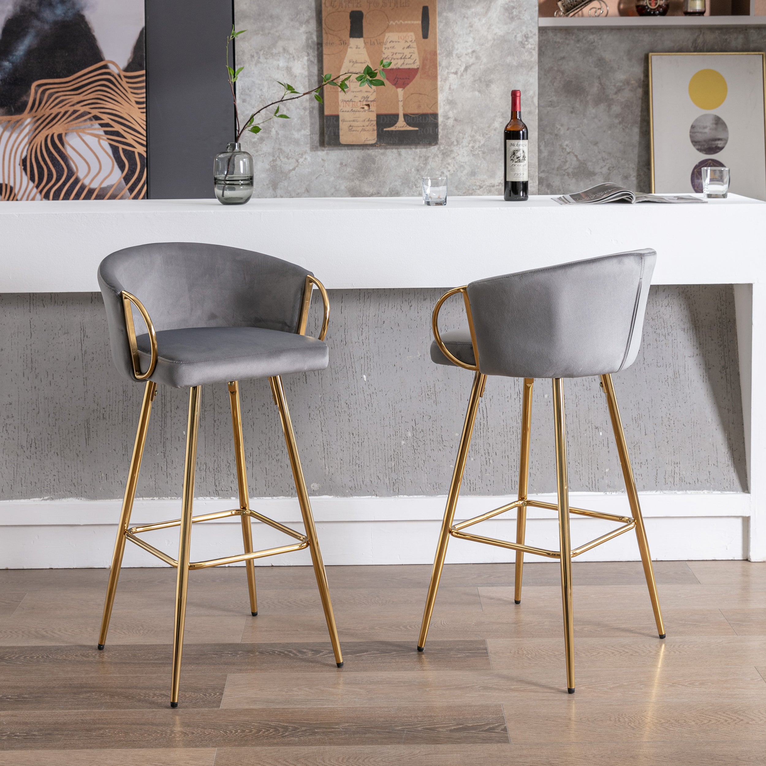 26 Inch Set of 2 Bar Stools,with Chrome Footrest and Base Velvet + Golden Leg Simple Bar Stool,GRAY