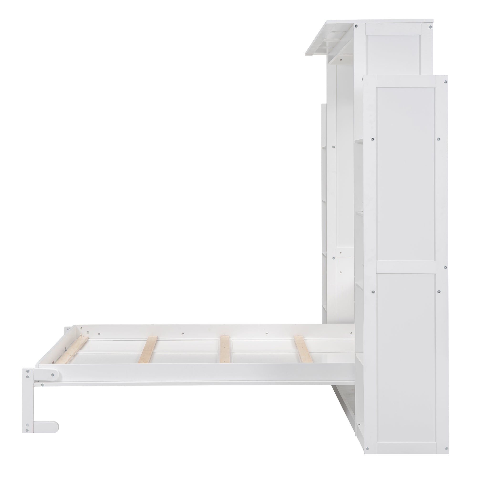 Full Size Murphy Bed Wall Bed with Shelves and LED Lights,White