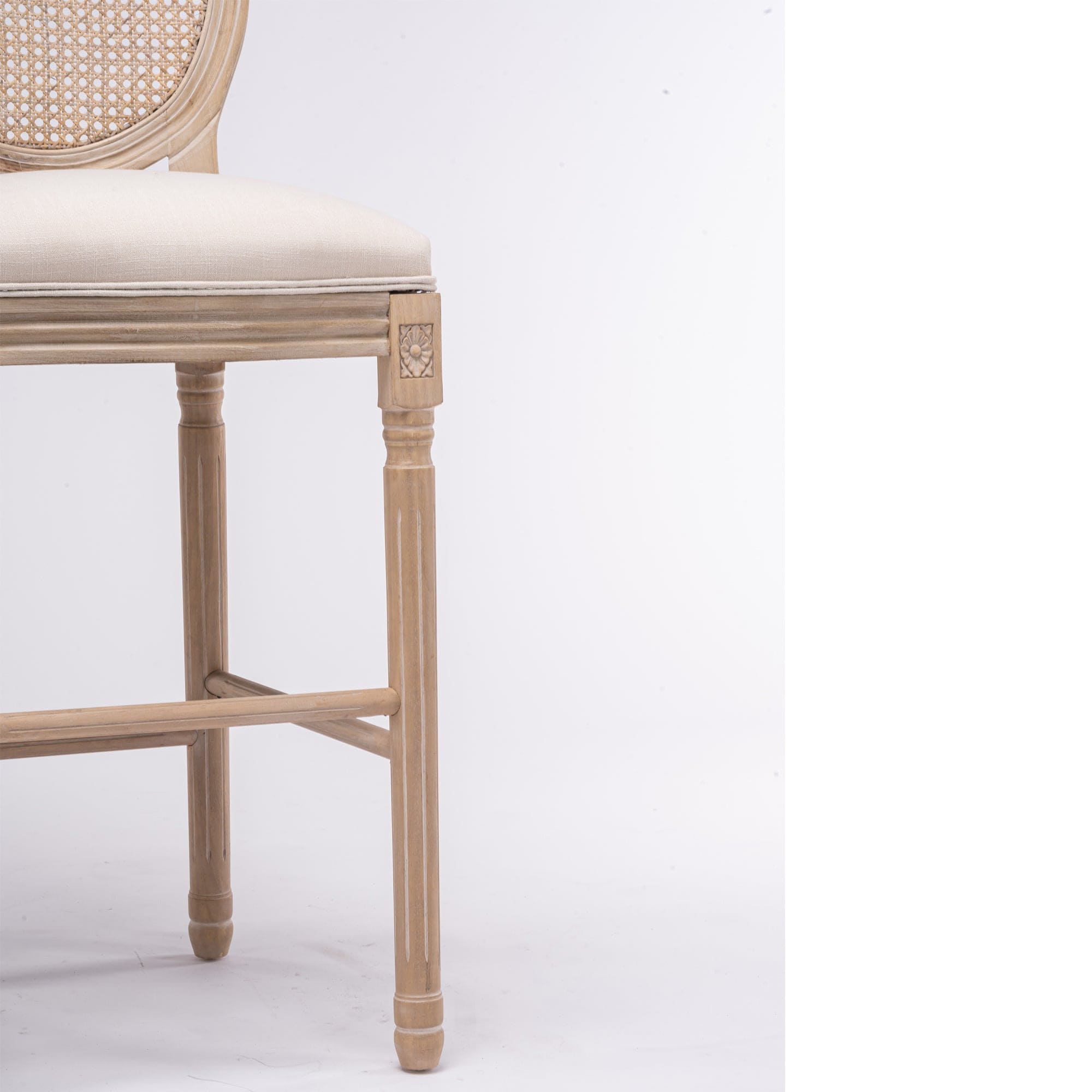 French Country Wooden Barstools Rattan Back With Upholstered Seating , Beige and Natural ,Set of  2