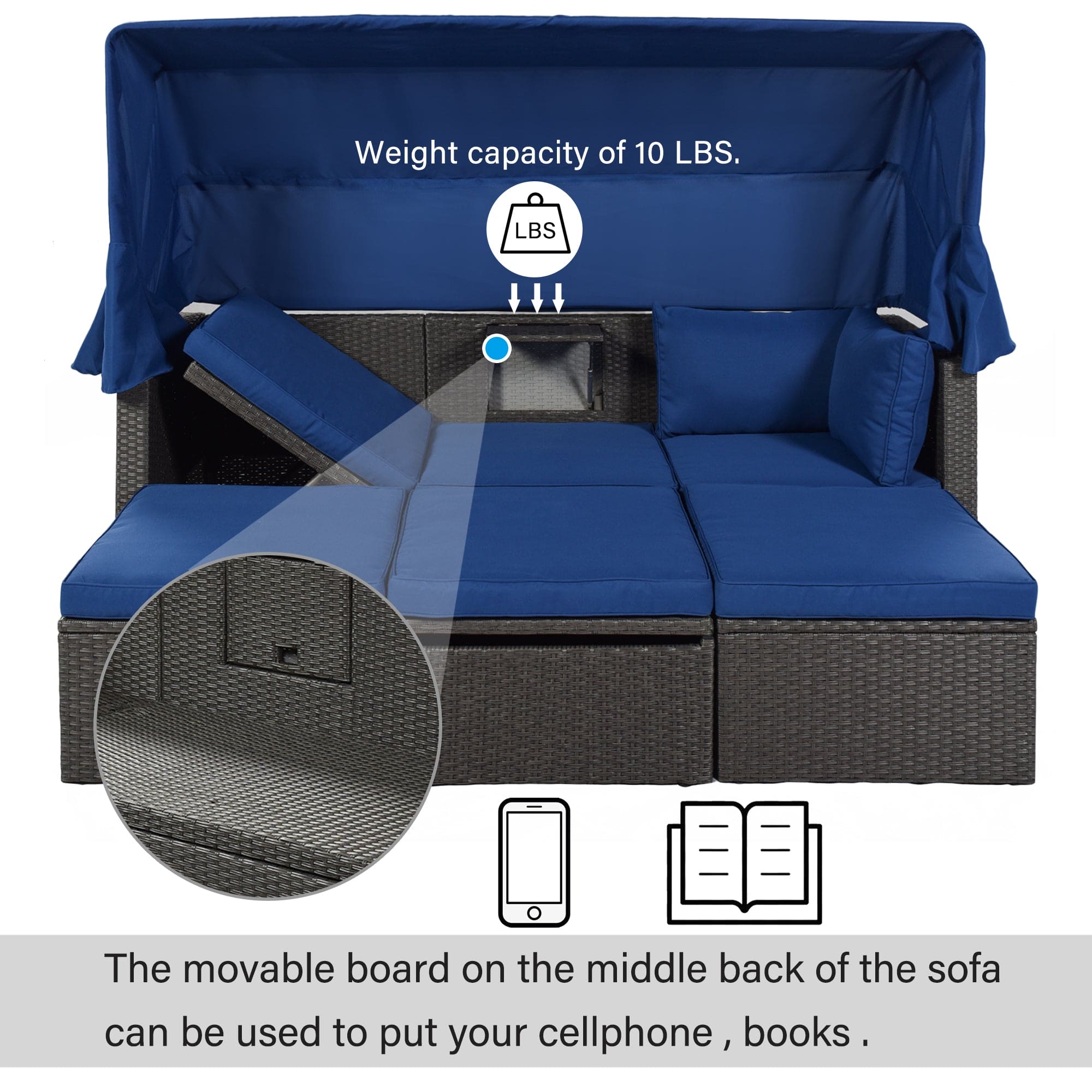 U_Style Outdoor Patio Rectangle Daybed with Retractable Canopy,  Wicker Furniture Sectional Seating with Washable Cushions, Backyard, Porch(As same as WY000263AAE)