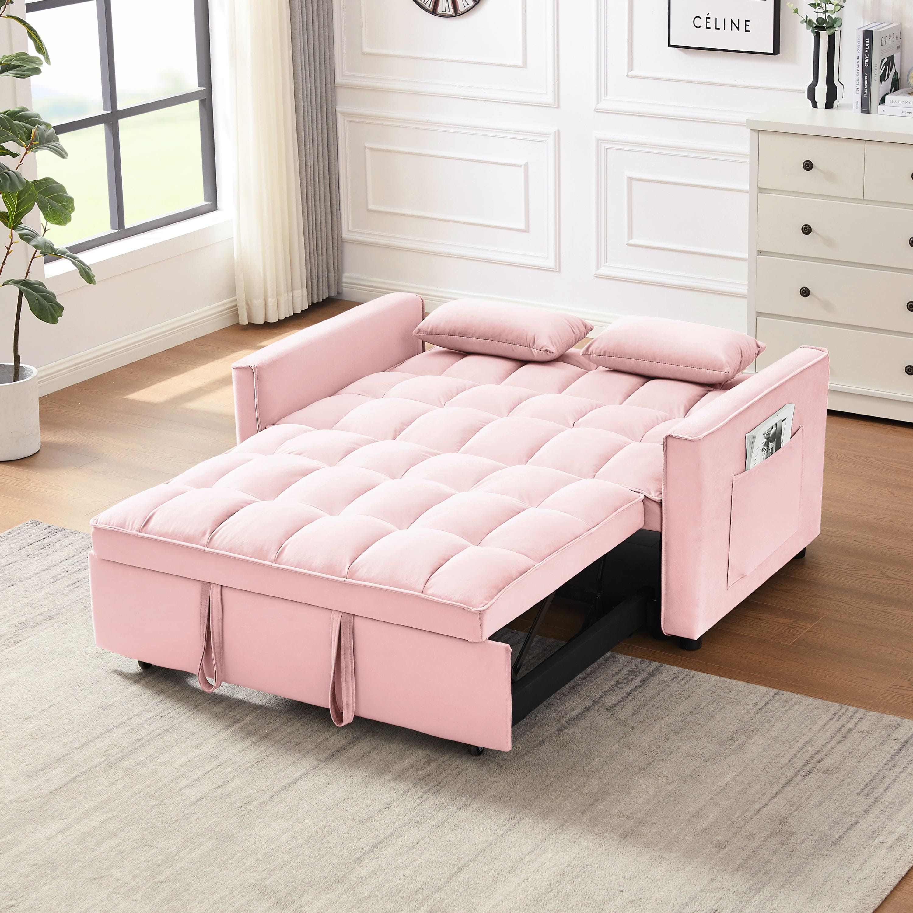 Modern Velvet Loveseat Futon Sofa Couch w/Pullout Bed, Small Love Seat Lounge Sofa w/Reclining Backrest, Toss Pillows, Pockets, Furniture for Living Room,3 in 1 Convertible Sleeper Sofa Bed,  pink