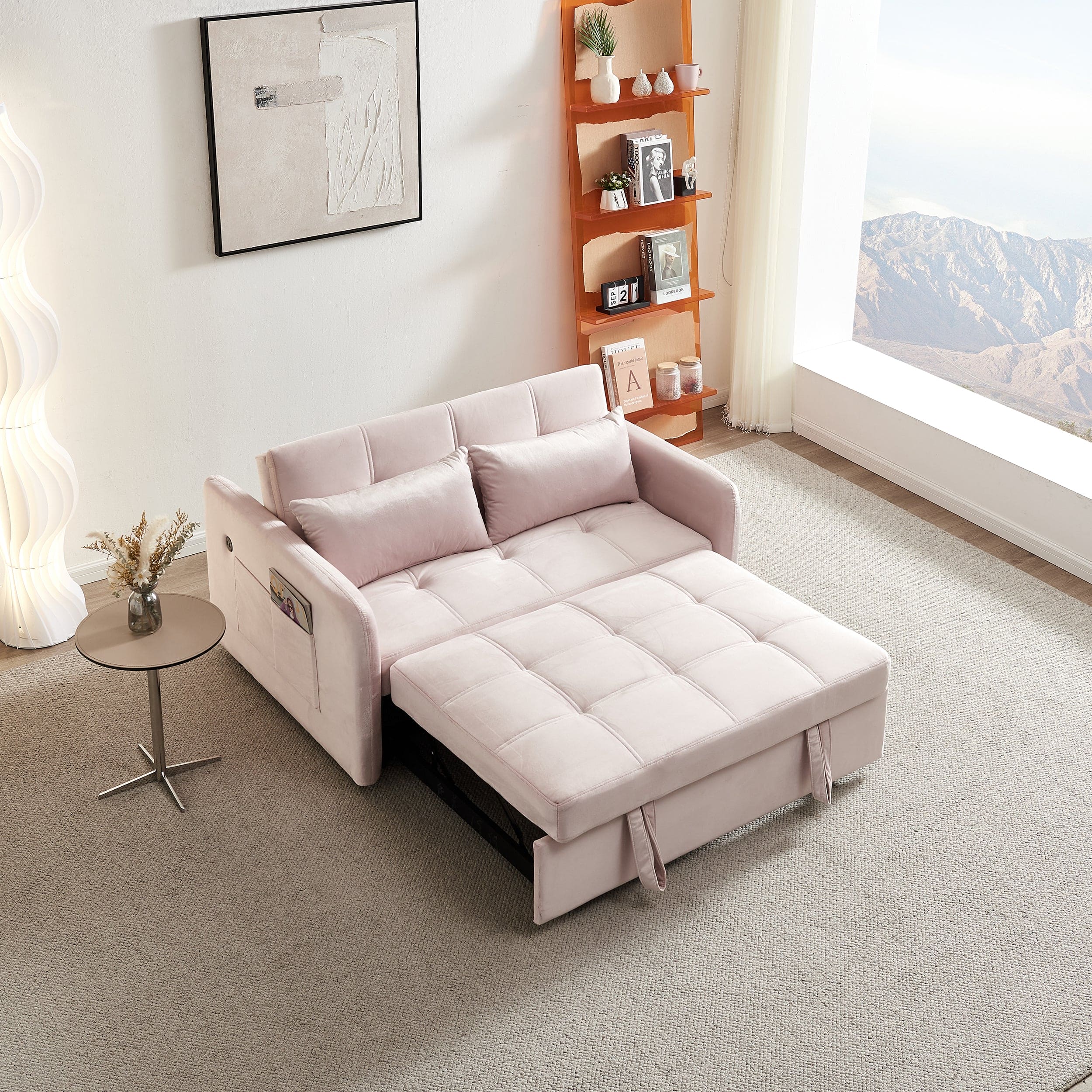 55.5" Twins Pull Out Sofa Bed  Pink Velvet