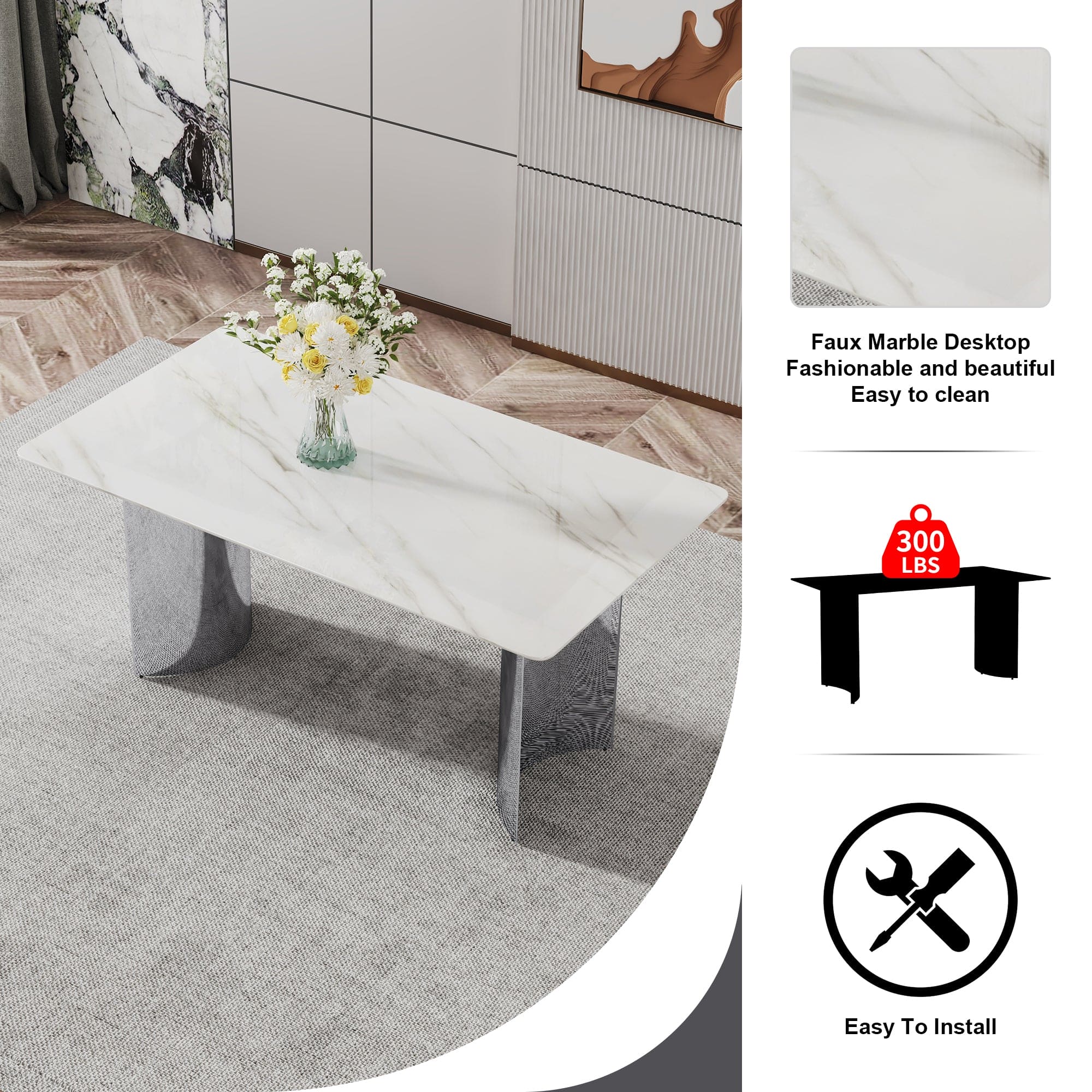 Modern minimalist dining table. White imitation marble glass sticker desktop, stainless steel legs, stable and beautiful. Suitable for living room and dining room  63" *35.4" *29.5"   DT-69