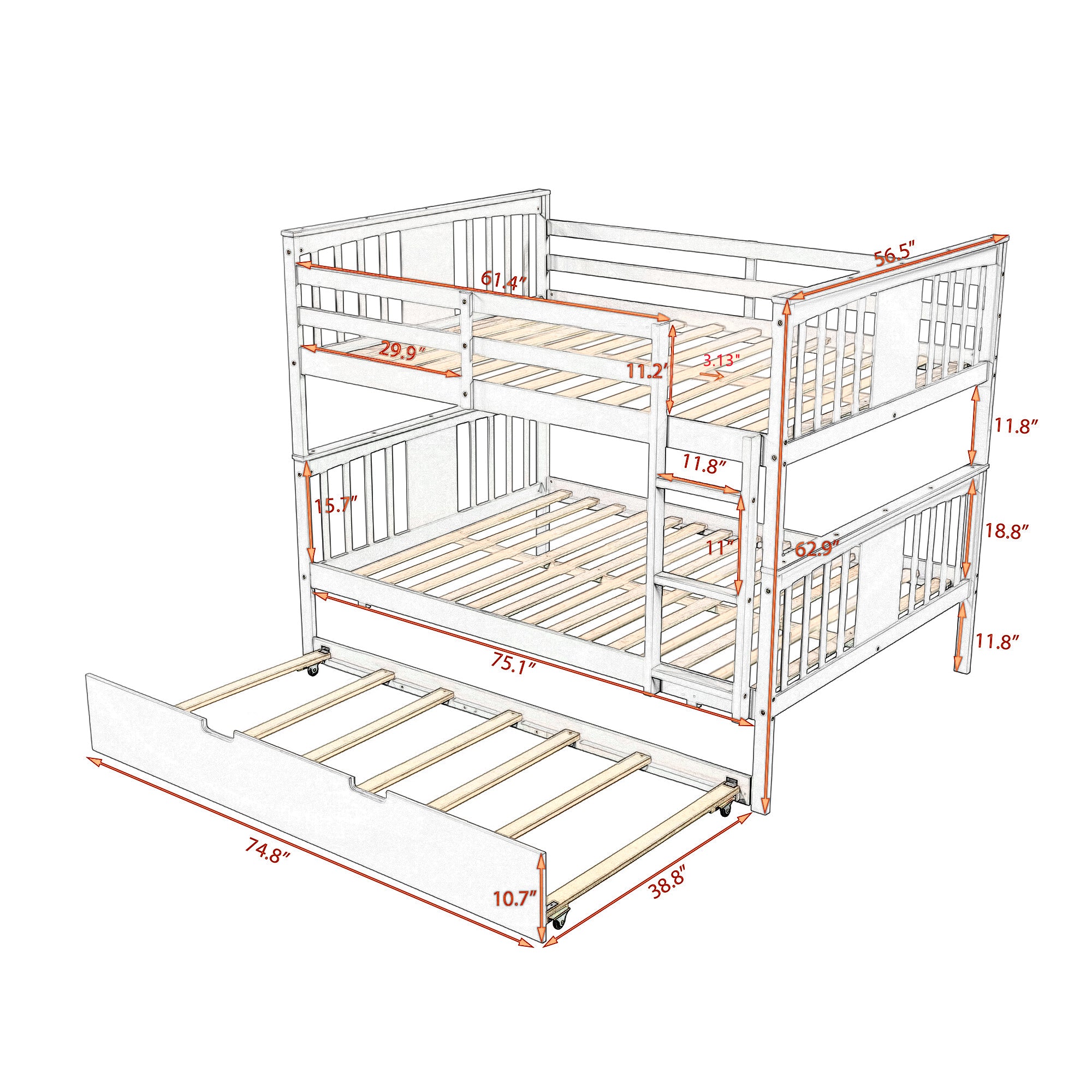 Full over Full Bunk Bed with Twin Size Trundle and Ladder-White(Old SKU: LP000204AAK)