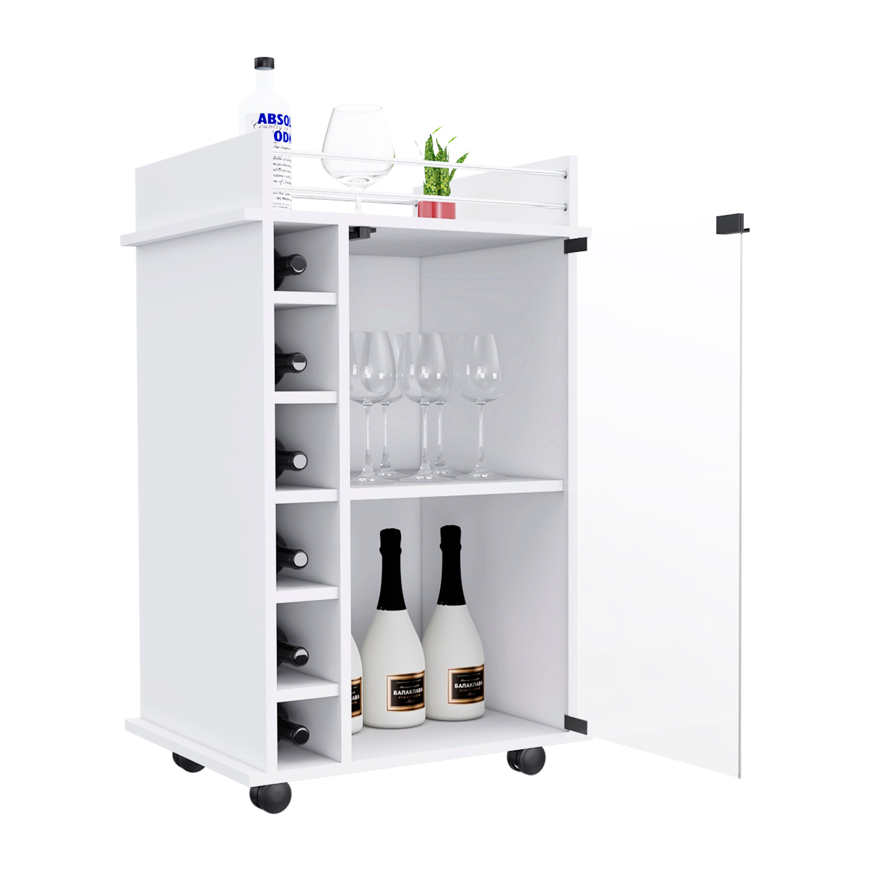 Bar Cart Baltimore, Six Wine Cubbies, Glass Door, Four Caster, Two Shelves, White Finish