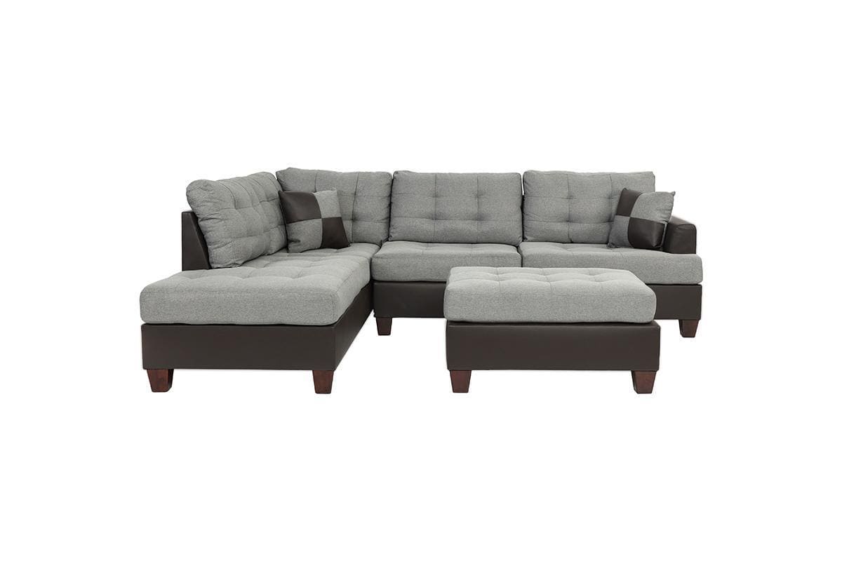 Contemporary Sectional Sofa Grey Polyfiber Linen Like Fabric Cushion Tufted Reversible 3pc Sectional Sofa L/R Chaise Ottoman Living Room Furniture Pillows