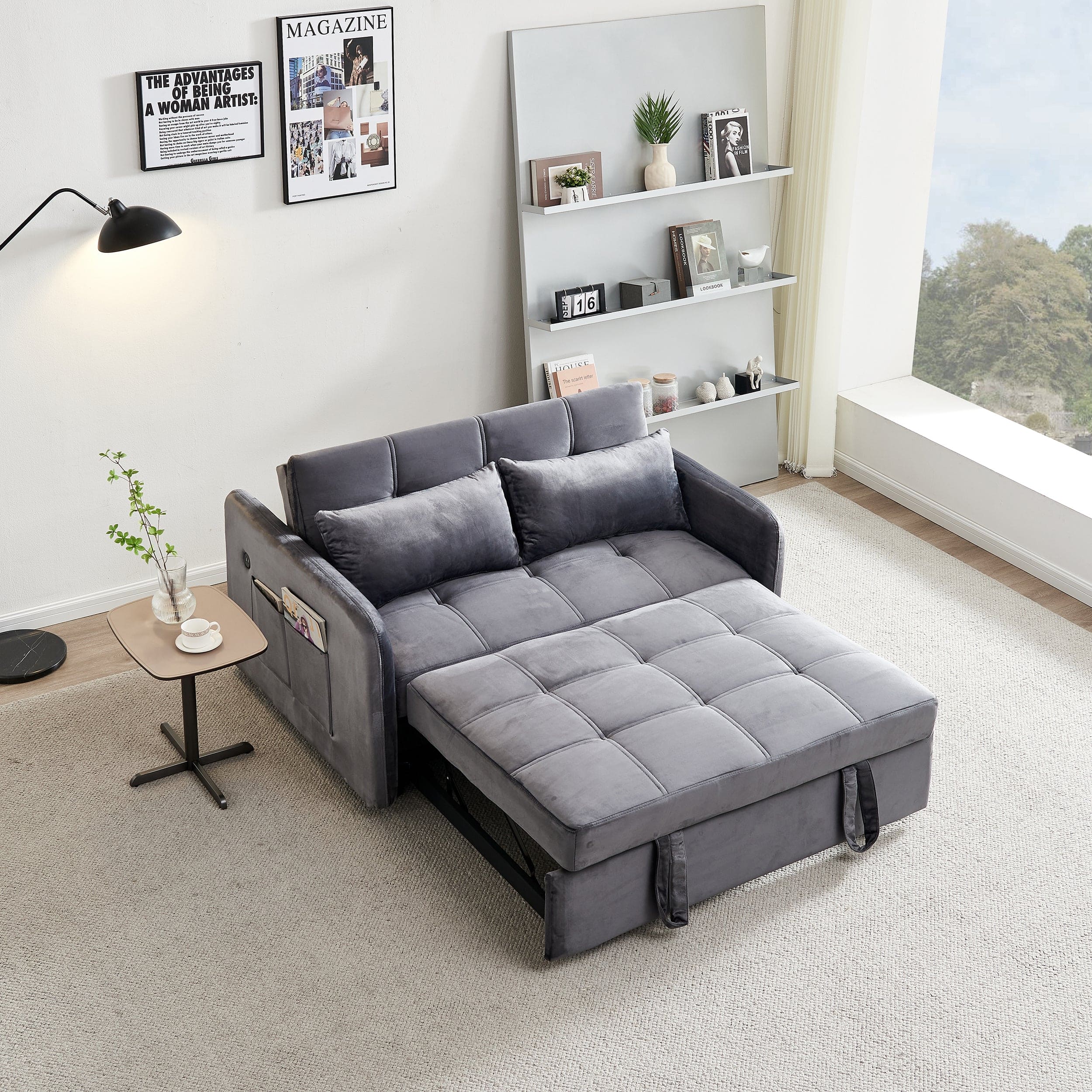 55.5" Twins Pull Out Sofa Bed  Grey Velvet