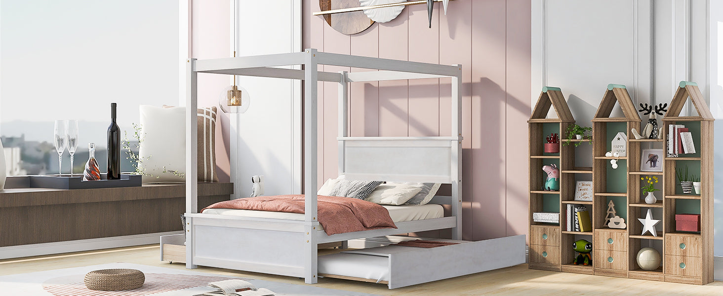 Wood Canopy Bed with Trundle Bed and two Drawers ,Full Size Canopy Platform bed With Support Slats .No Box Spring Needed, Brushed White