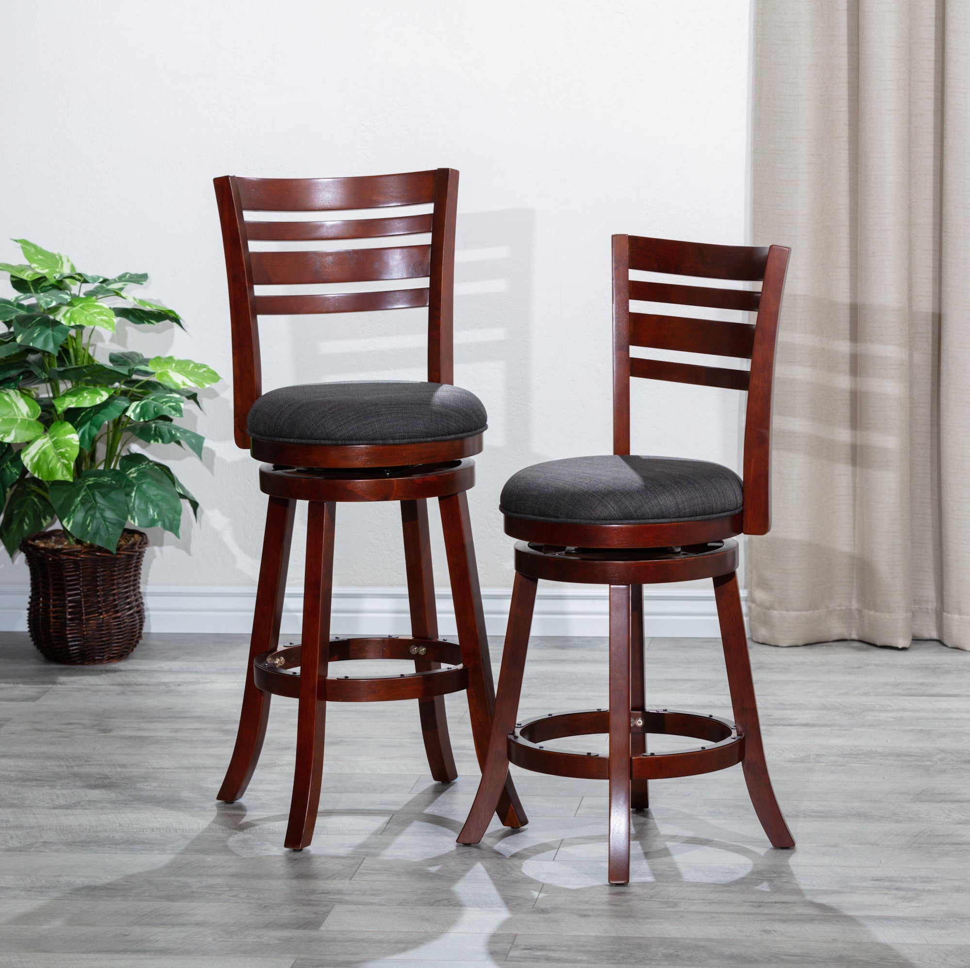 24" Counter Height Slat Back Swivel Stool, Cherry Finish, Charcoal Fabric Seat