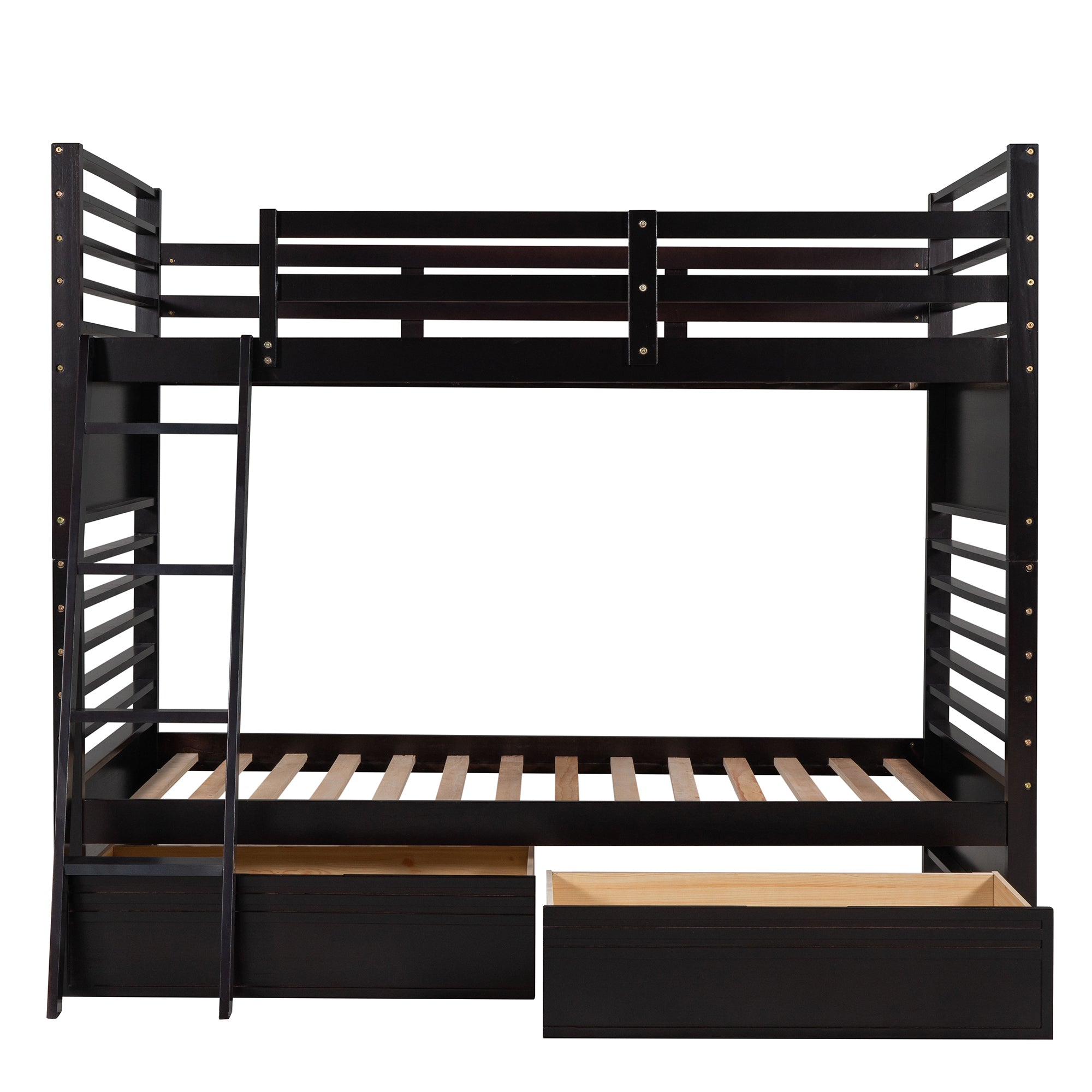 Twin over Twin Wood Bunk Bed with Two Drawers - Espresso·