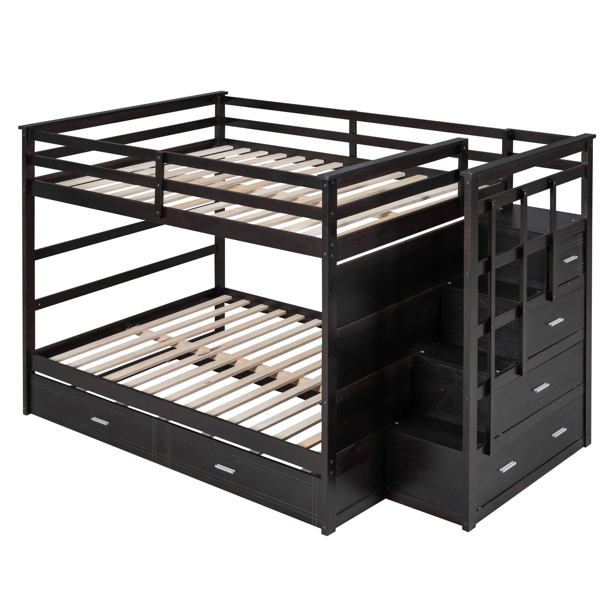 Full Over Full Bunk Bed with Twin Size Trundle and Staircase, Espresso