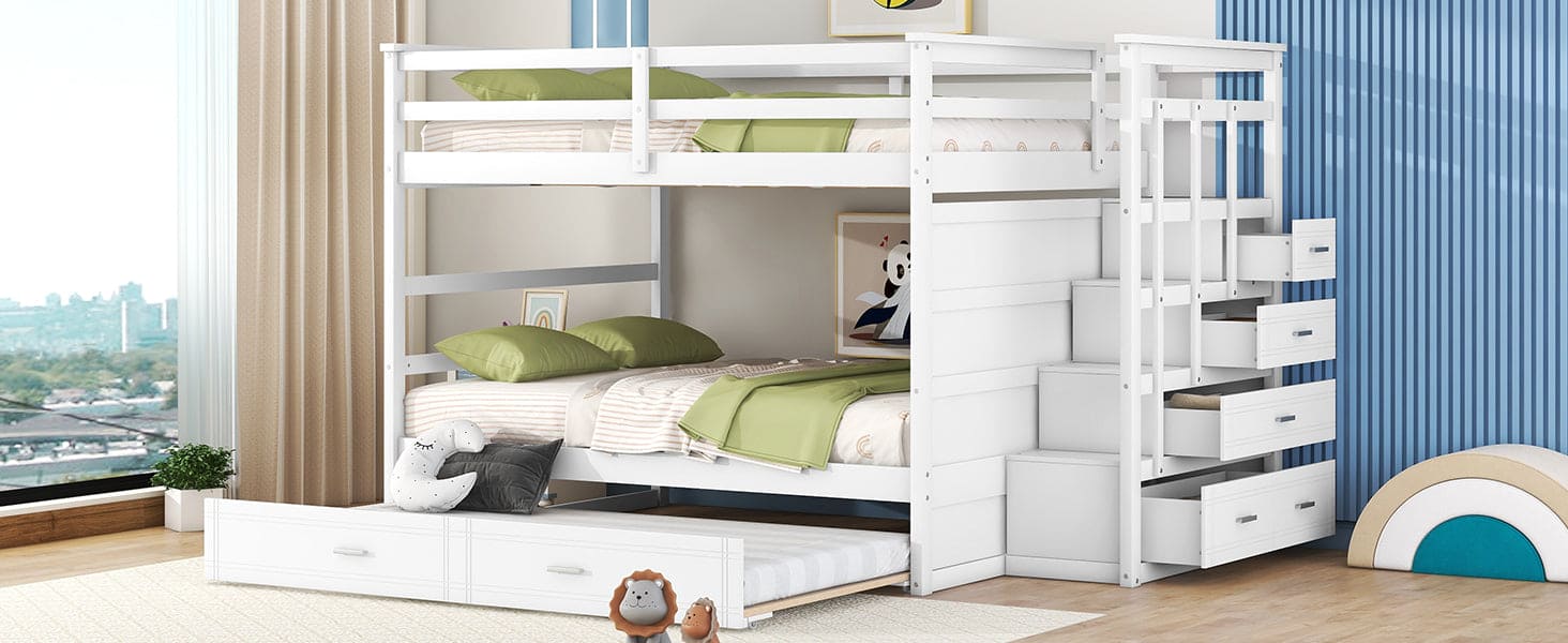 Full Over Full Bunk Bed with Twin Size Trundle and Staircase, White