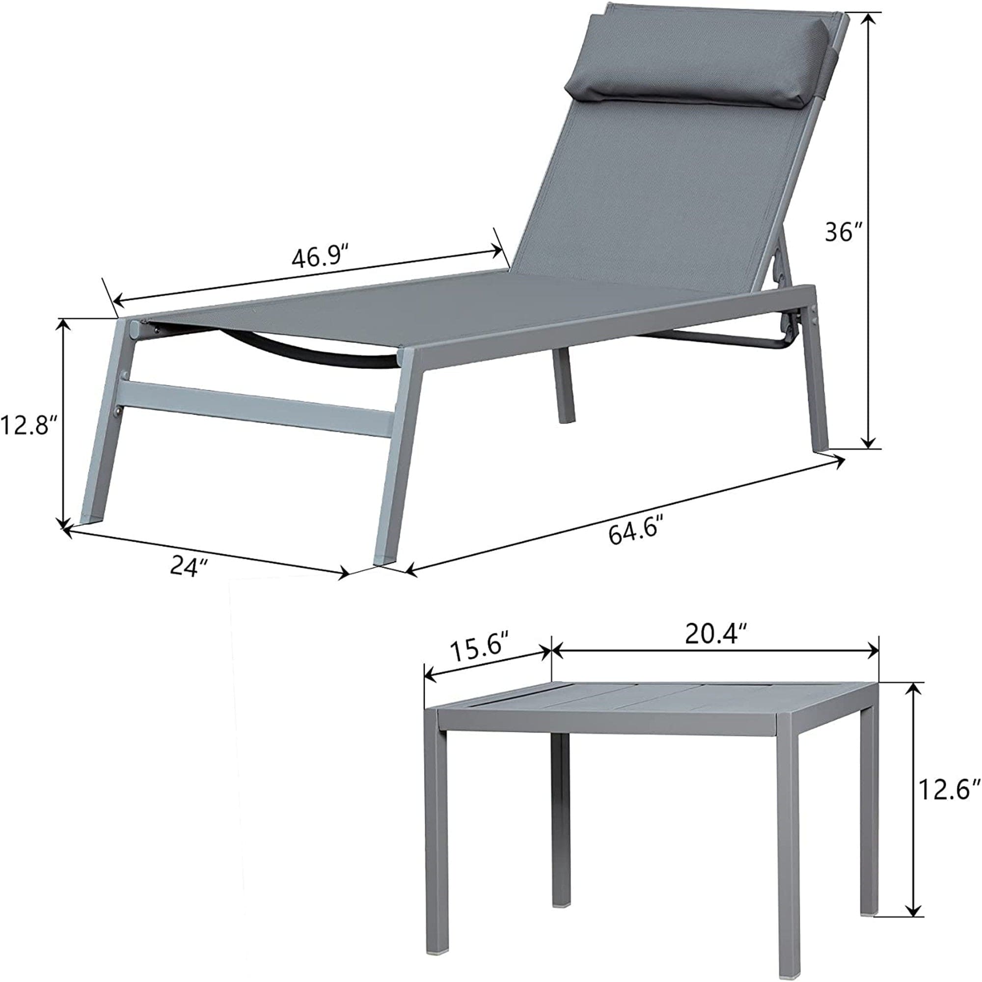 Patio Chaise Lounge Set, 3 Pieces Adjustable Backrest Pool Lounge Chairs Steel Textilene Sunbathing Recliner with Headrest (Grey,2 Lounge Chair+1 Table)