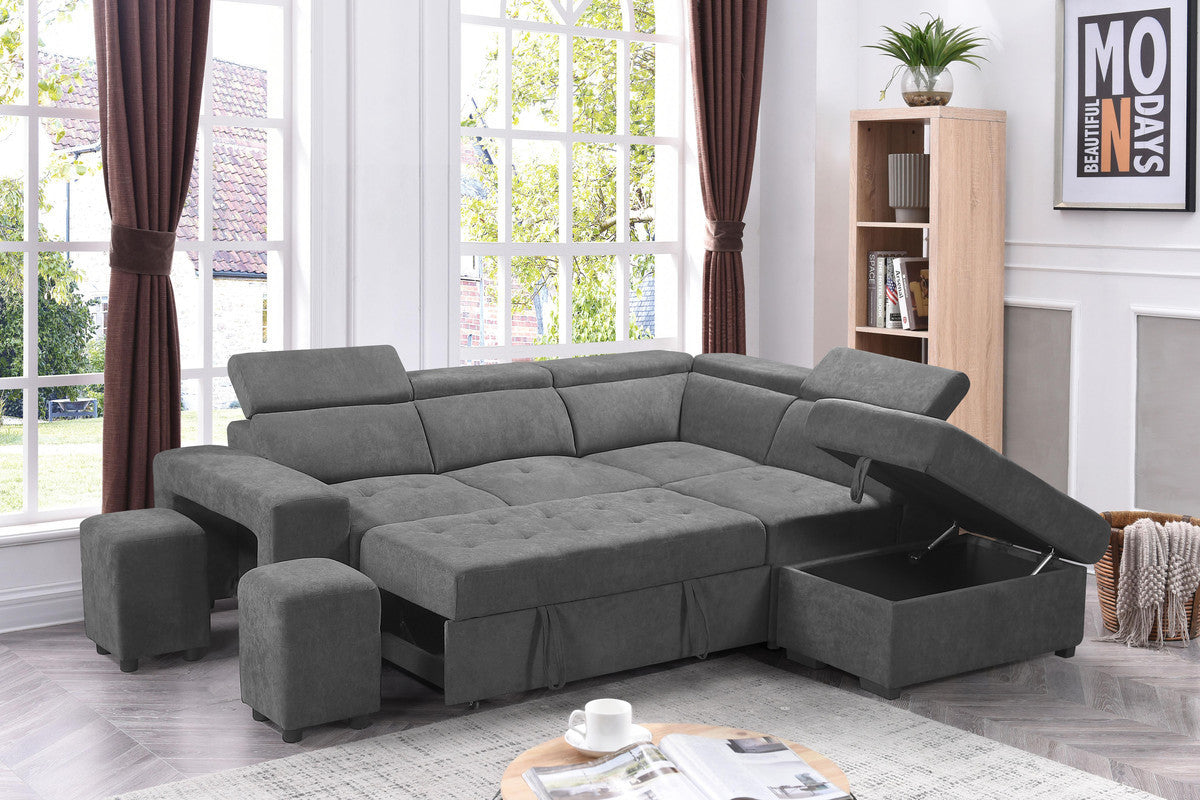 Henrik Light Gray Sleeper Sectional Sofa with Storage Ottoman and 2 Stools