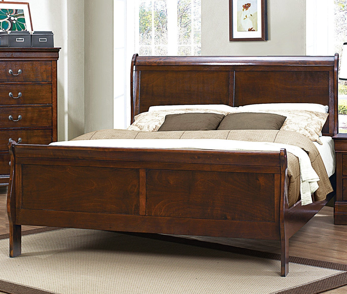 Brown Cherry Finish Louis Philippe Style 1pc Queen Size Sleigh Bed Traditional Design