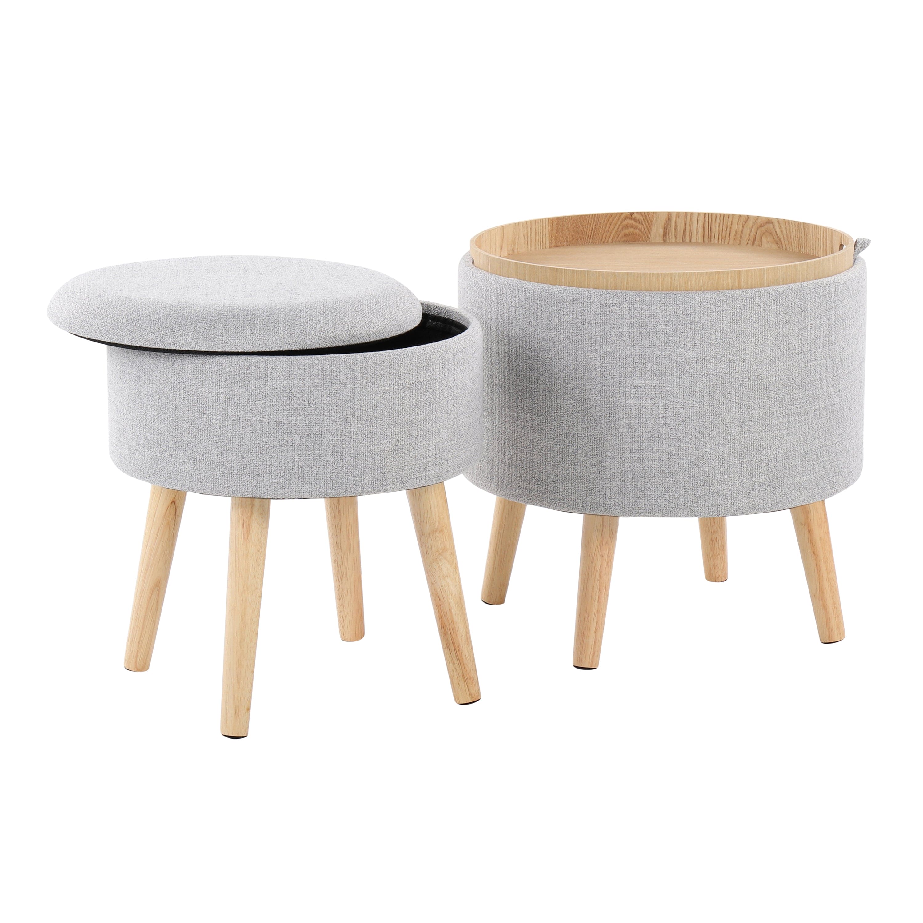 Tray Contemporary Storage Ottoman with Matching Stool in Light Grey Fabric and Natural Wood Legs by LumiSource