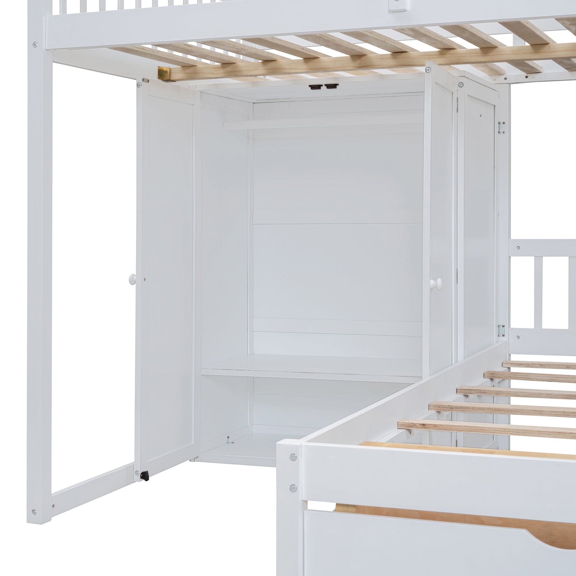 Full Over Twin Bunk Bed with Wardrobe, Drawers, White