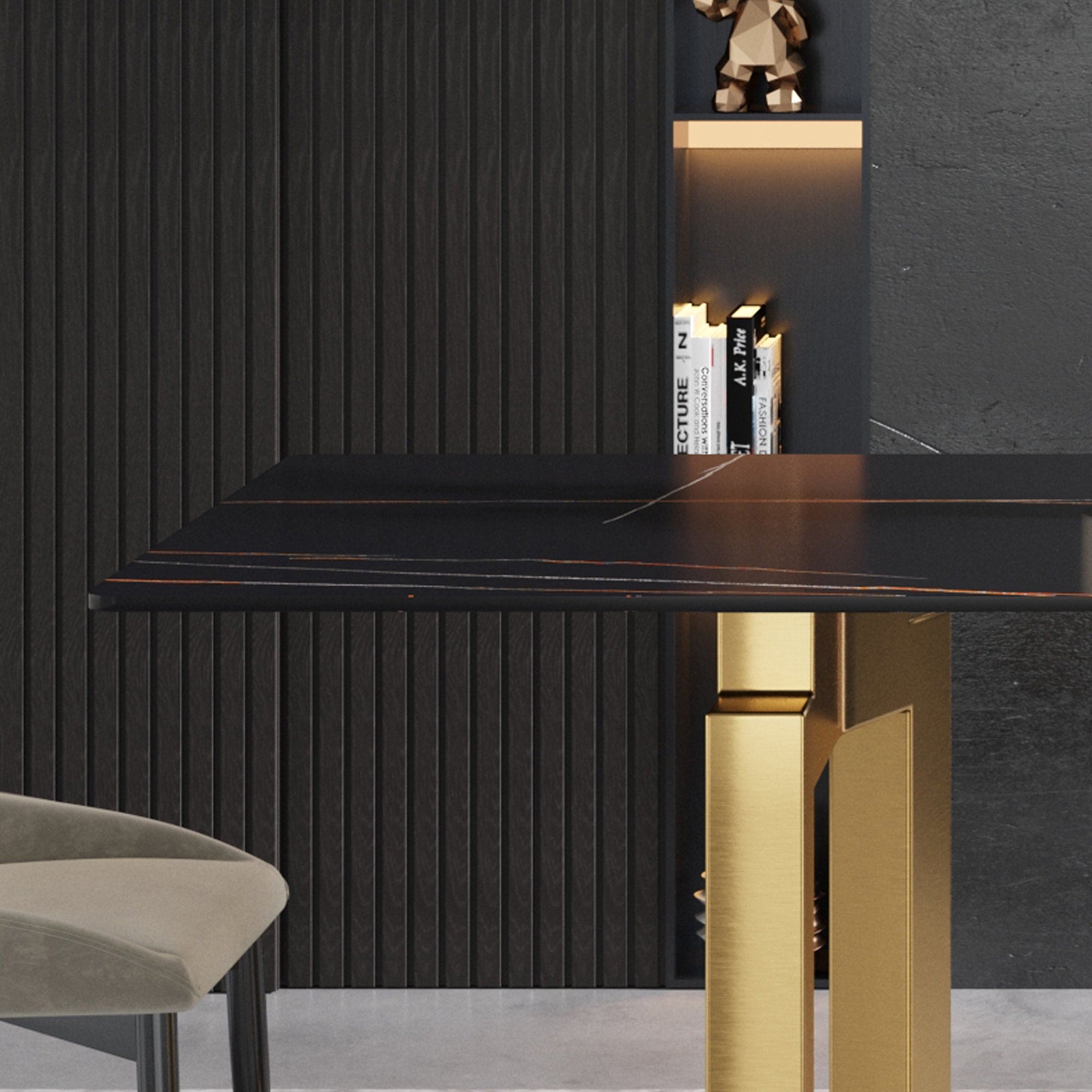 63"Modern artificial stone black straight edge golden metal leg dining table -6 people