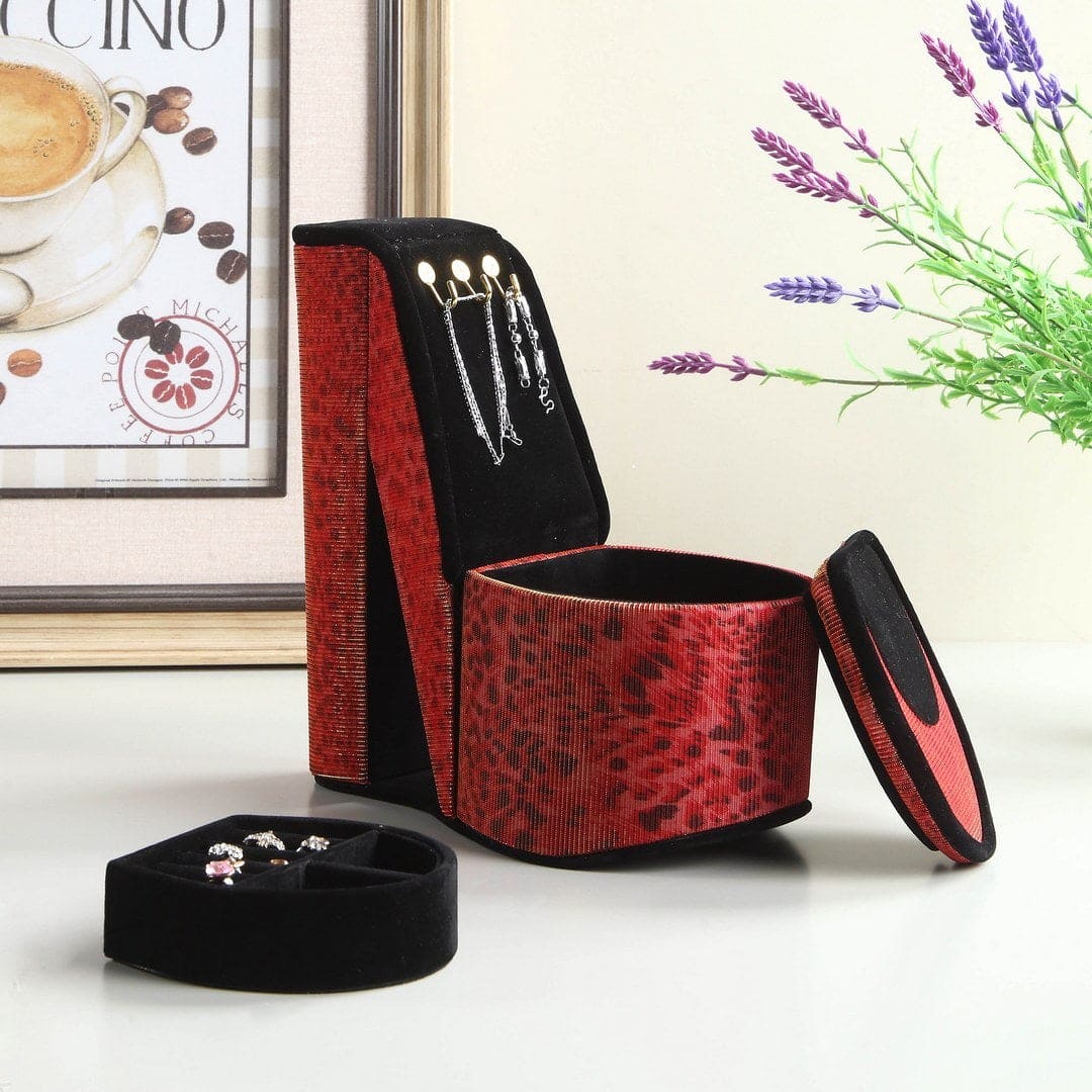 9" Tall Display Jewelry Box with Hooks, High Heel Shoe Design, Leopard Print