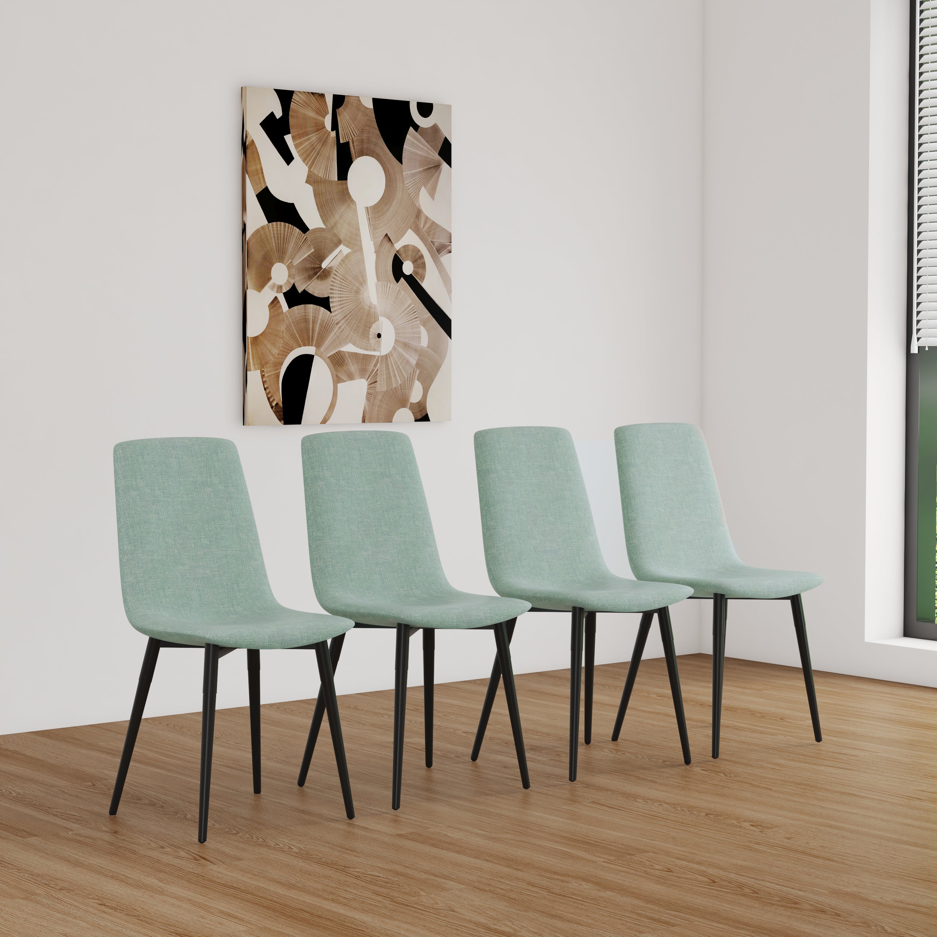 MDF Wood Colour Dining Table and Modern Dining Chairs Set of 4, Mid Century Wooden Kitchen Table Set, Metal Base & Legs, Dining Room Table and Linen Chairs