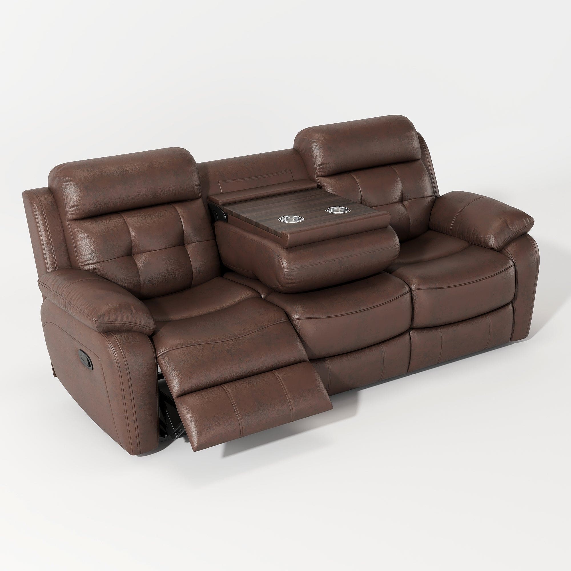 Genuine Leather Non-Power Reclining Sofa with Drop Down Table,Stainless Steel Cupholders and Magazine bag- Brown