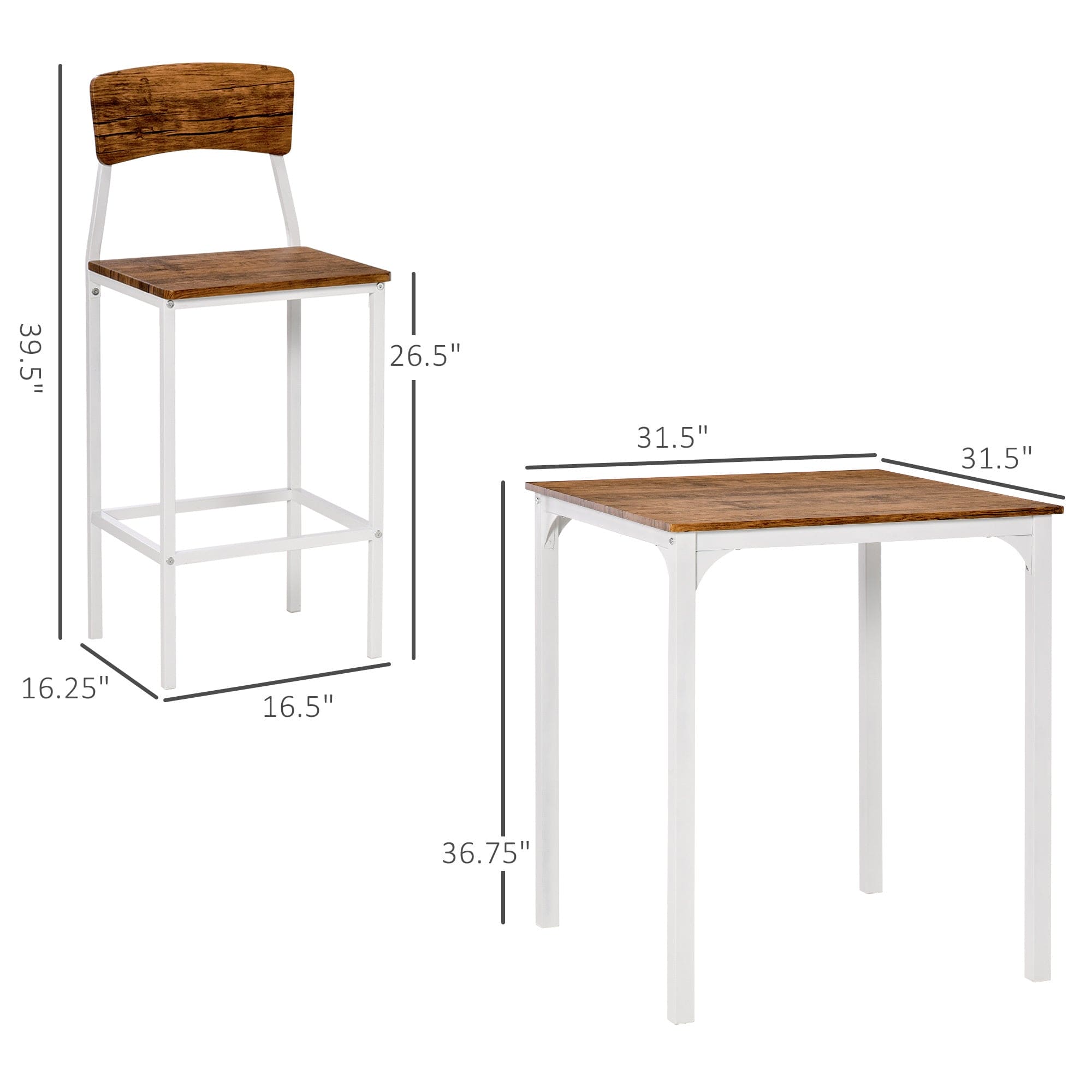 HOMCOM 3 Piece Bar Table Set, Industrial Counter Height Dining Table Set, Bar Table & Chairs with Steel Legs & Footrests, White