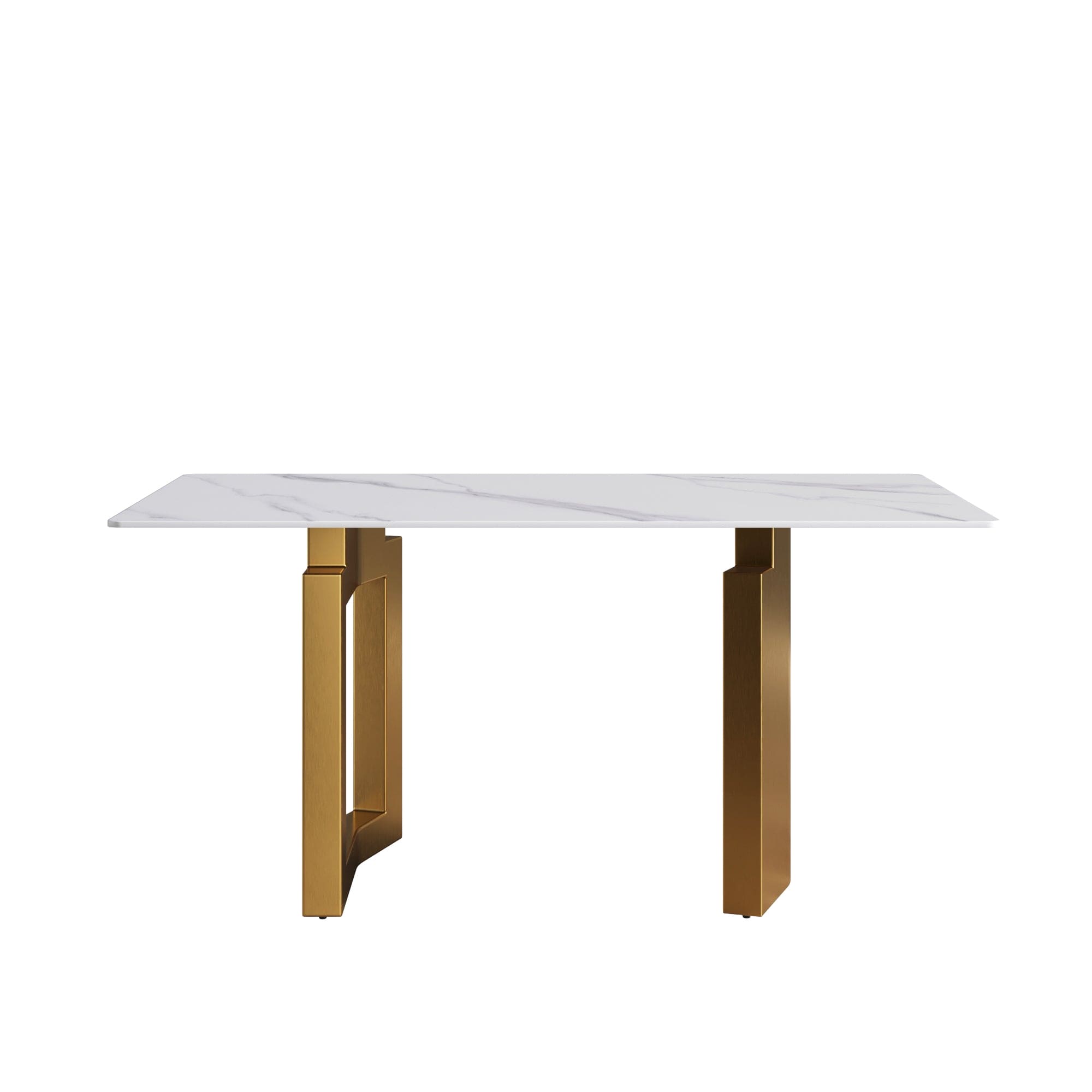 63"Modern artificial stone white straight edge golden metal leg dining table -6 people