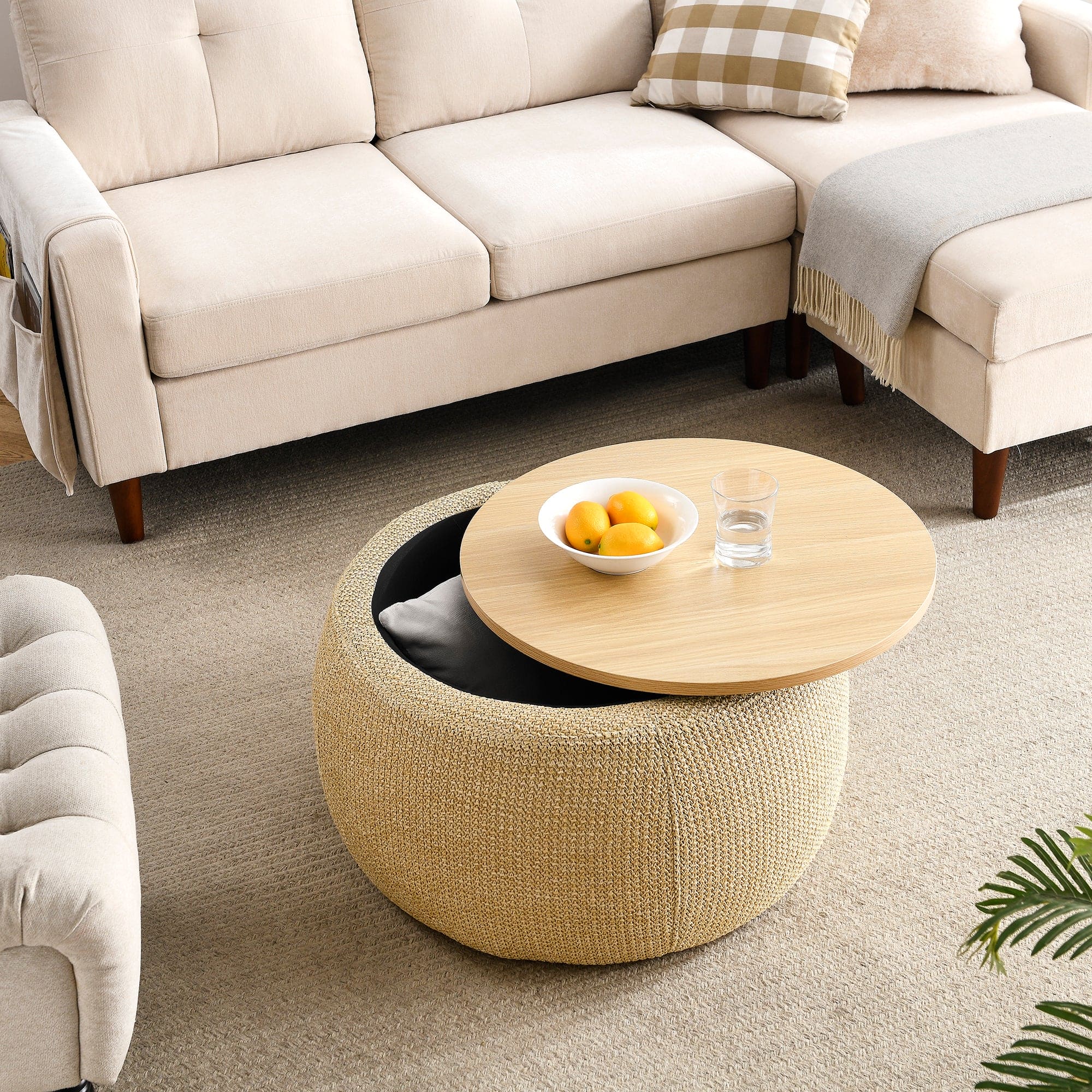 Round Storage Ottoman, 2 in 1 Function, Work as End table and Ottoman, Natural (25.5"x25.5"x14.5")