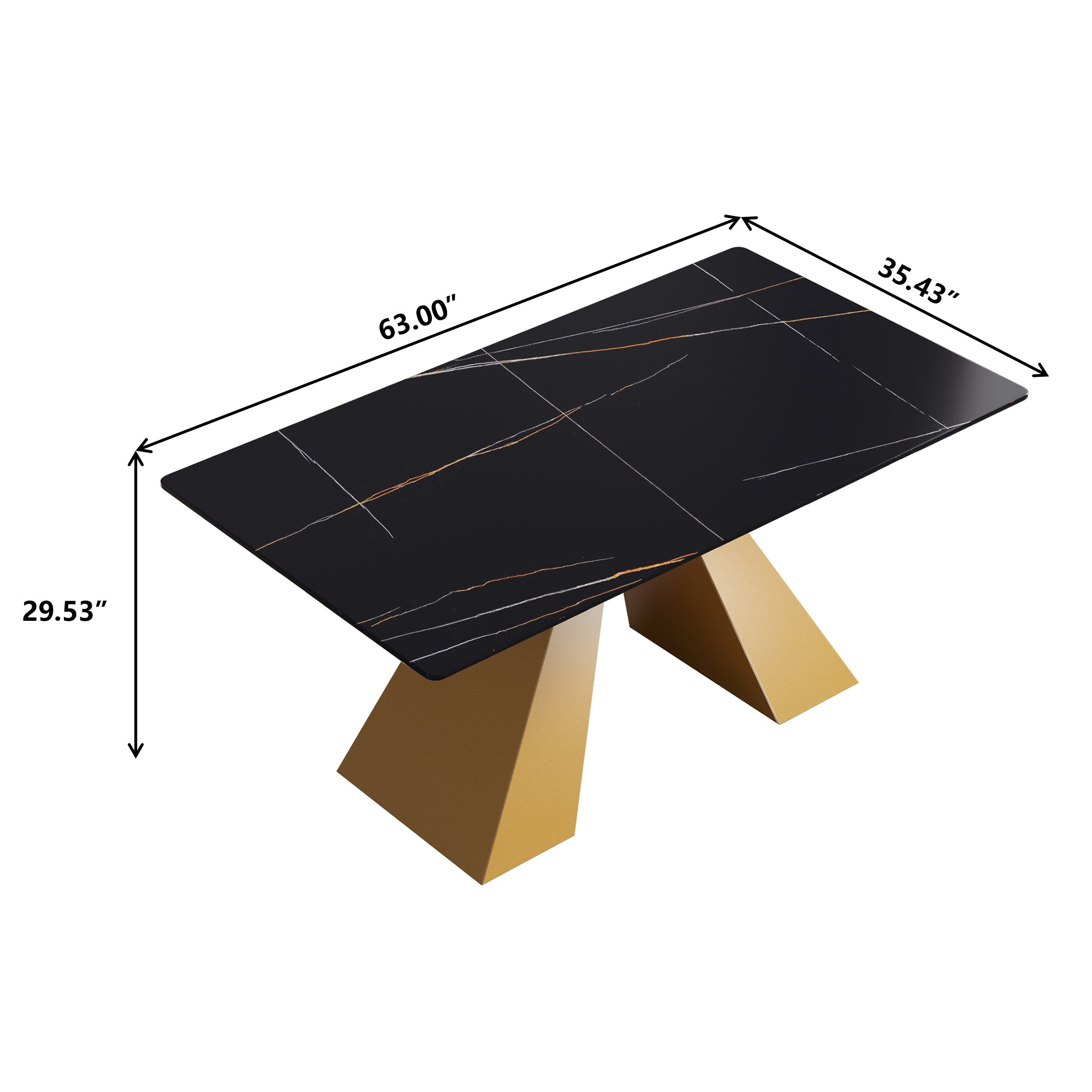 63"Modern artificial stone black straight edge golden metal leg dining table -6 people