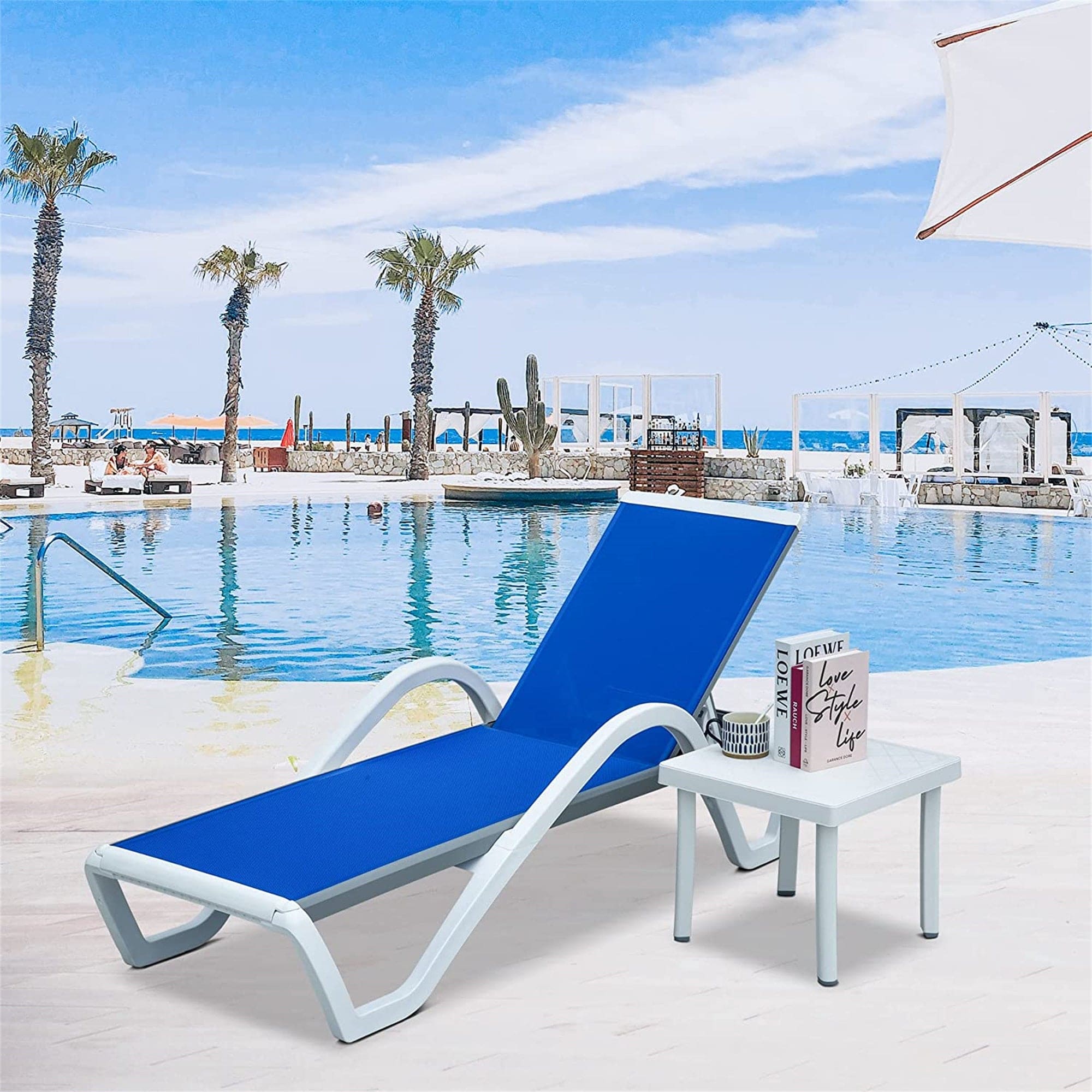 Patio Chaise Lounge Adjustable Aluminum Pool Lounge Chairs with Arm All Weather Pool Chairs for Outside,in-Pool,Lawn (Blue, 1 Lounge Chair+1 Plastic Table)