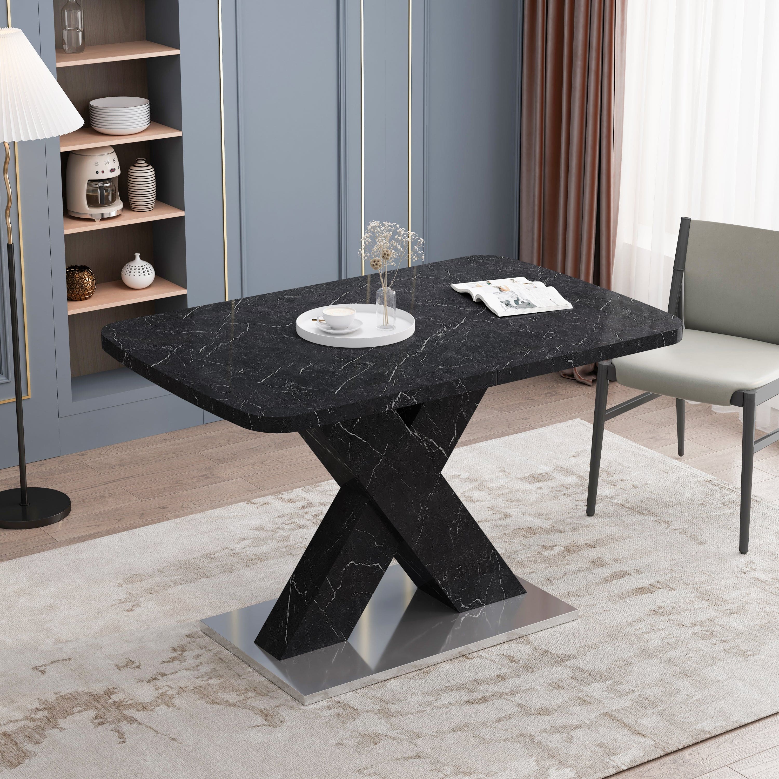 Modern Square Dining Table,Stretchable,Printed Black Marble Table Top+MDF X-Shape Table Leg with Metal Base