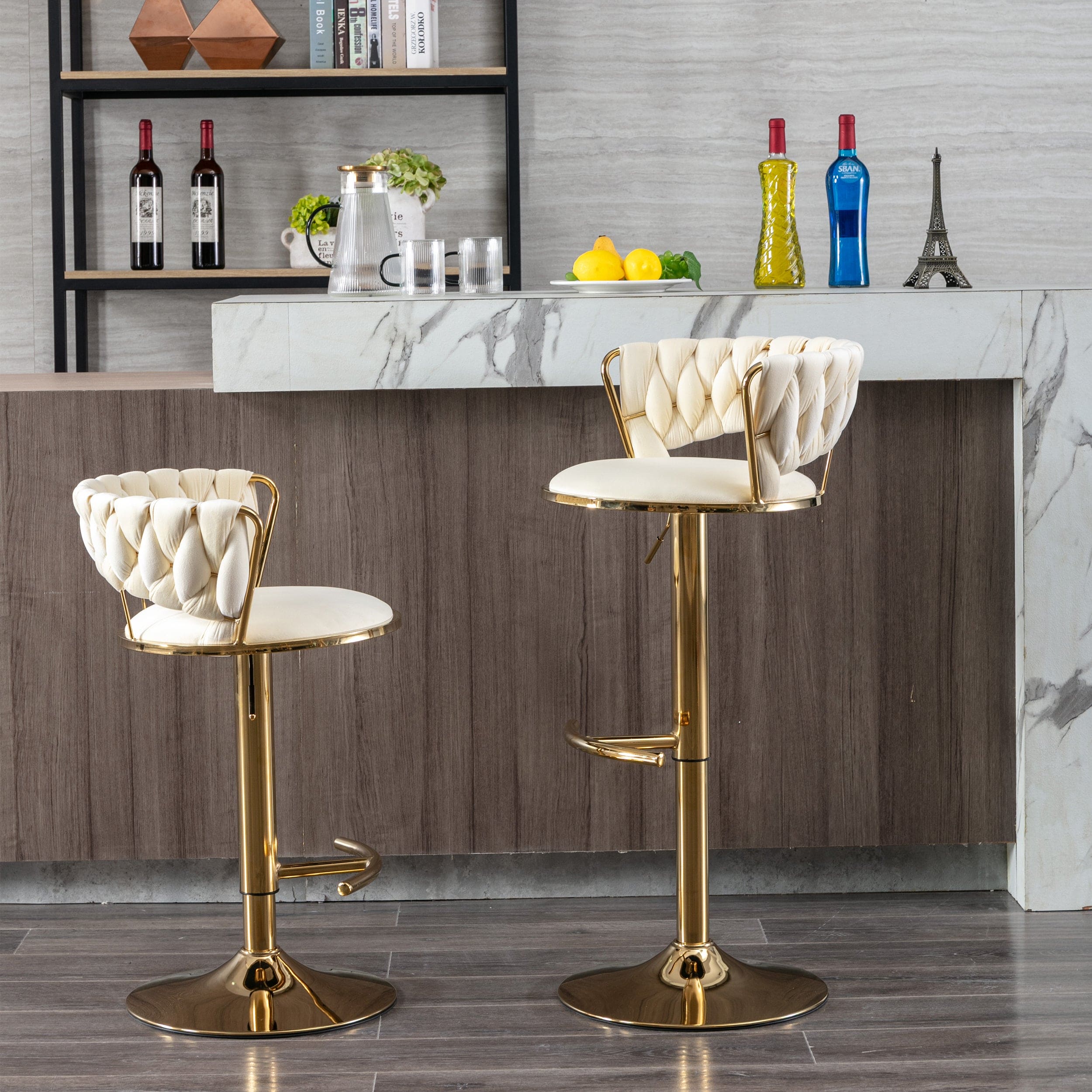 Set of 2  Bar Stools,with Chrome Footrest and Base Swivel Height Adjustable Mechanical Lifting Velvet + Golden Leg Simple Bar Stool-Cream