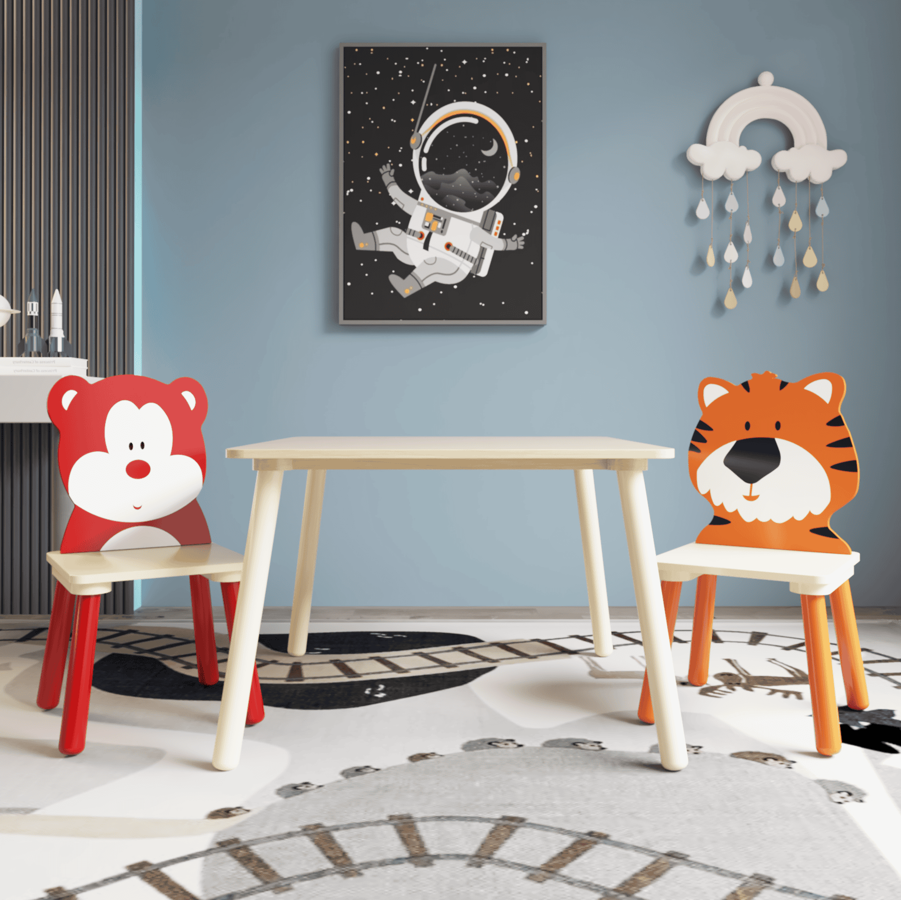 Kids Table and 2 Chairs Set, 3 Pieces Toddler Table and Chair Set, Wooden Activity Play Table Set (Bear&Tiger)