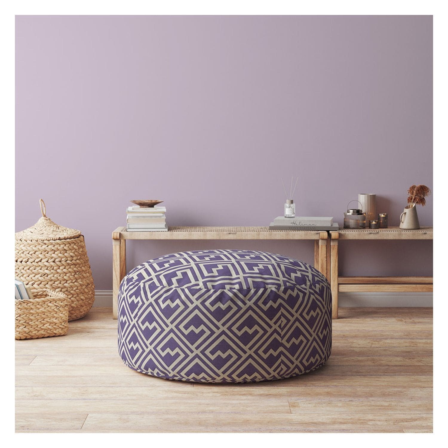 Indoor TETRI Med Purple Round Zipper Pouf - Stuffed - Extra Beads Included! - 24in dia x 20in tall