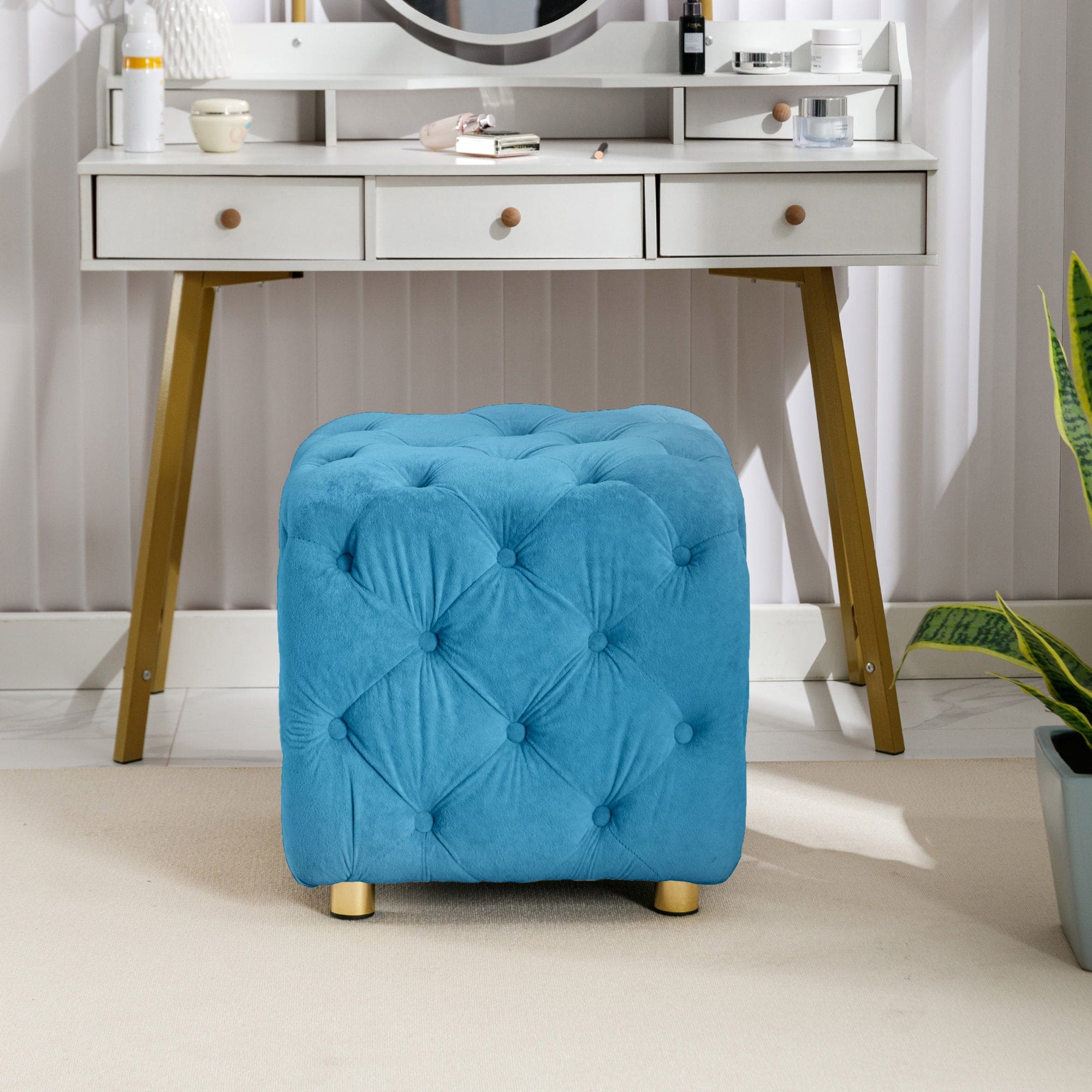 Blue Modern Velvet Upholstered Ottoman, Exquisite Small End Table, Soft Foot Stool,Dressing Makeup Chair, Comfortable Seat for Living Room, Bedroom, Entrance