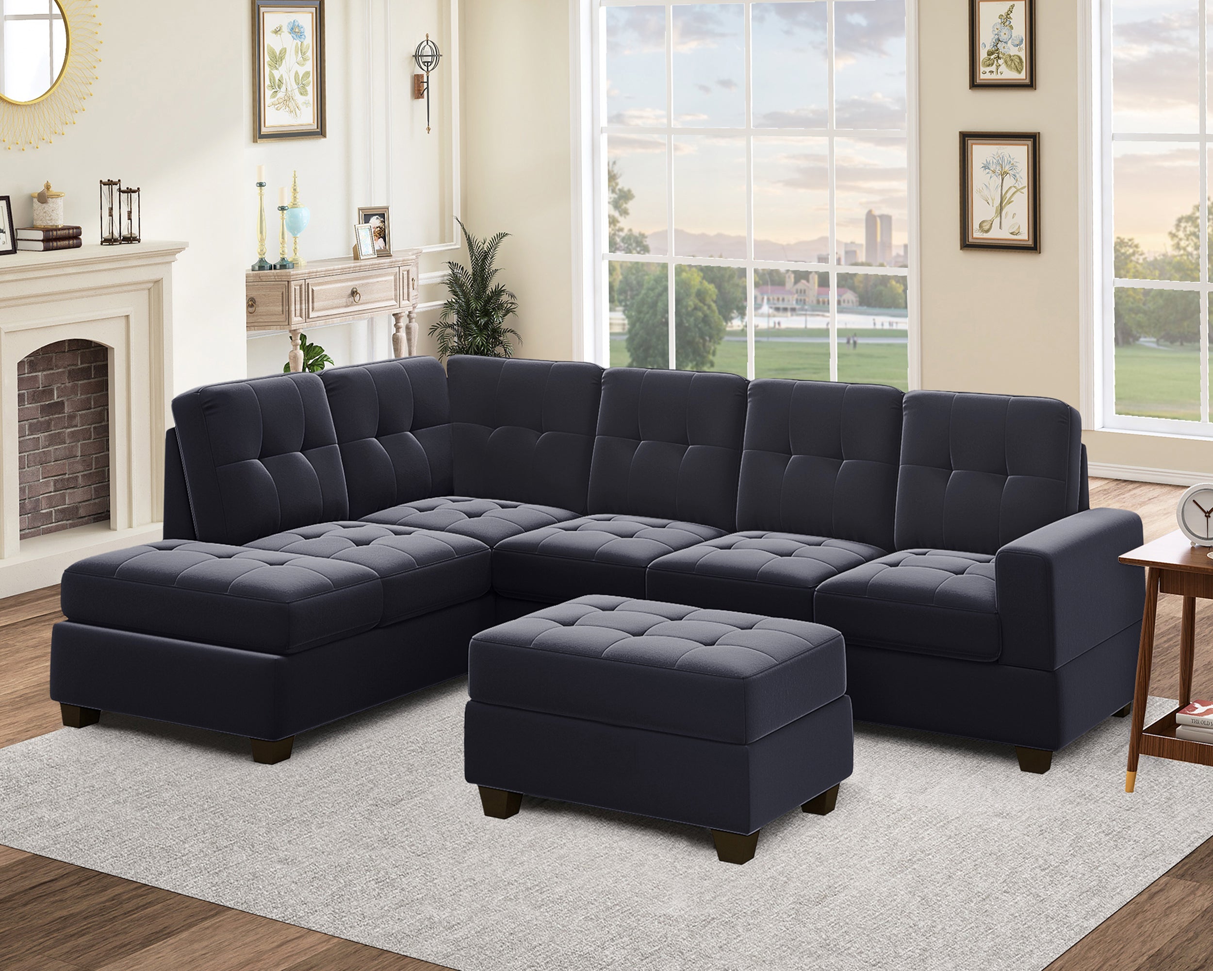 Orisfur. Modern Sectional Sofa with Reversible Chaise, L Shaped Couch Set with Storage Ottoman and Two Cup Holders for Living Room