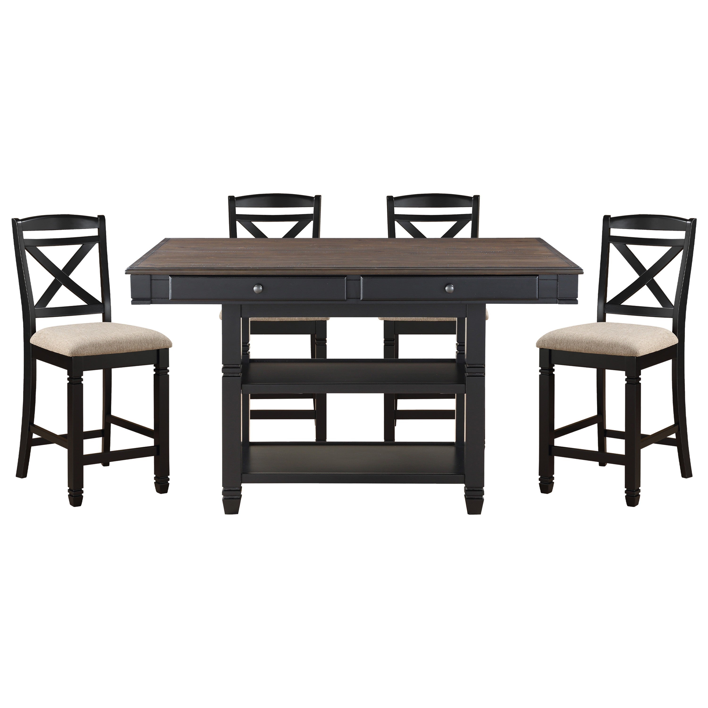 Transitional Style Dining Counter Height Chairs Set of 2pc Black Finish Wood Beige Fabric Seat Dining Room Furniture