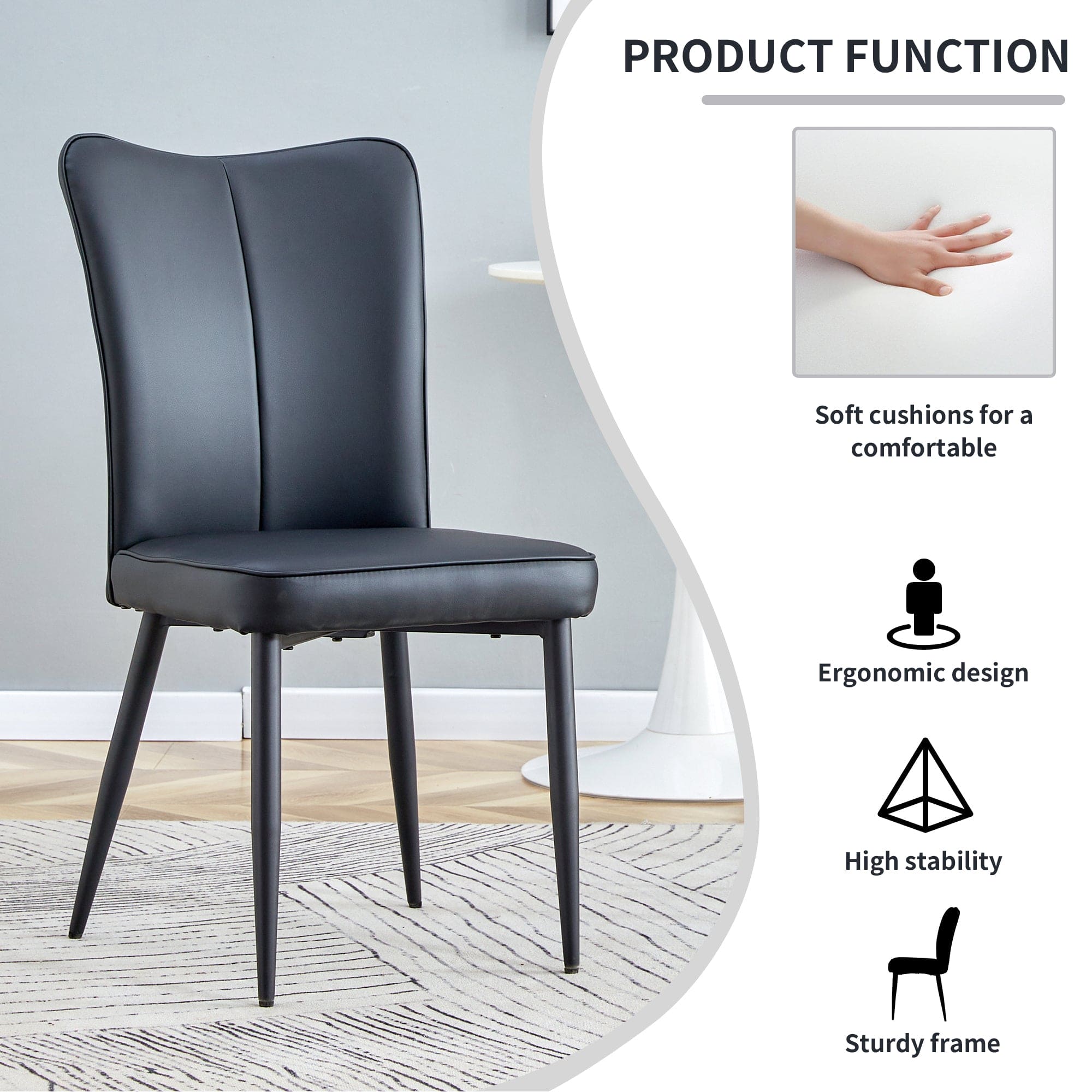 Modern minimalist dining chairs, black PU leather curved backrest and seat cushions, black metal chair legs, suitable for restaurants, bedrooms, and living rooms. A set of 2 chairs. 008