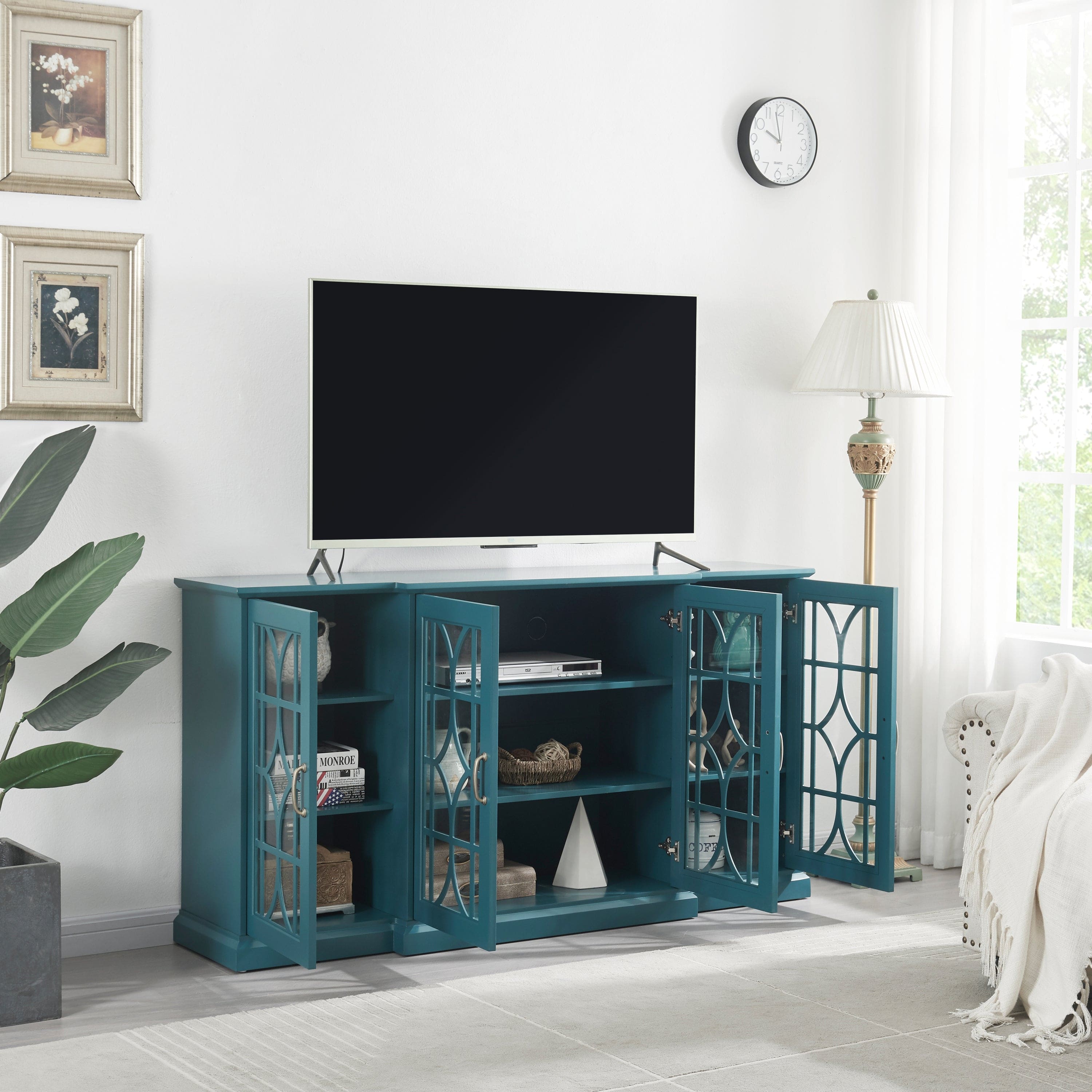 63" TV Stand,  Sideboard Buffet ,Storage Cabinet, Teal Blue