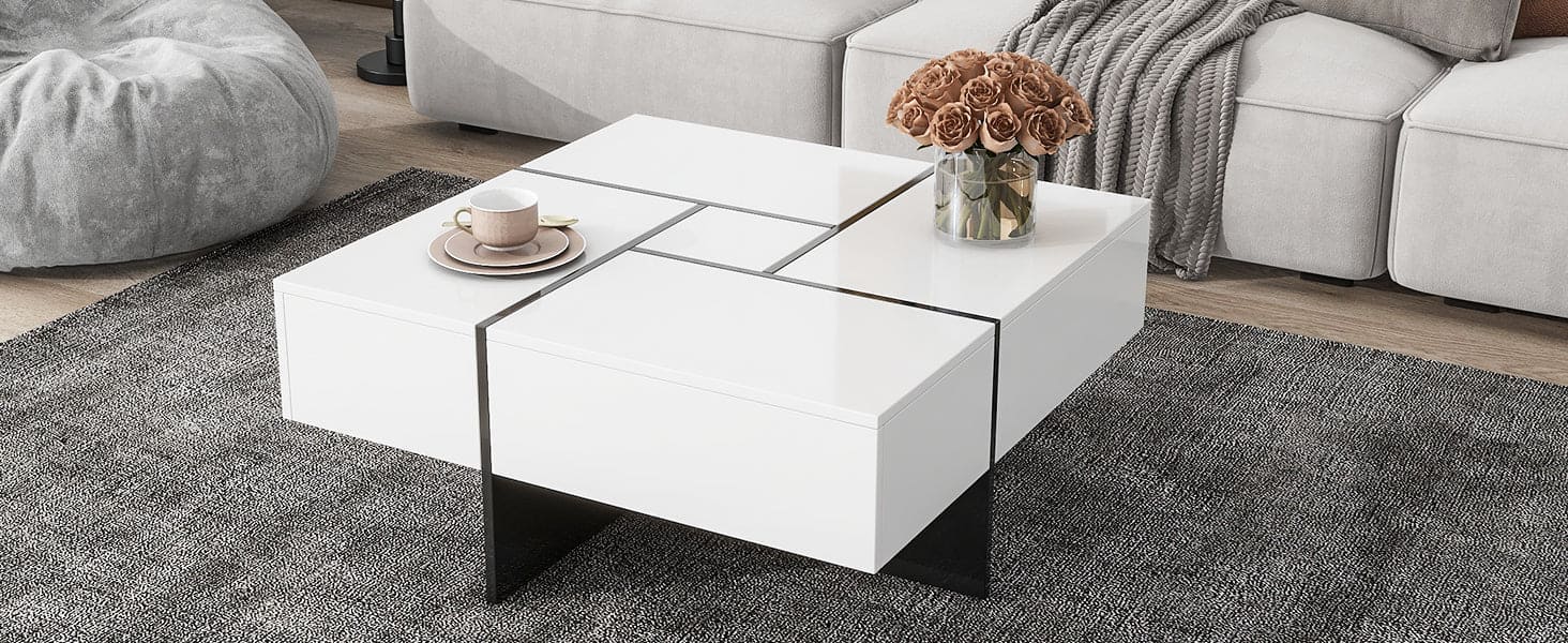 ON-TREND Unique Design Coffee Table with 4 Hidden Storage Compartments, Square Cocktail Table with Extendable Sliding Tabletop, UV High-gloss Design Center Table for Living Room, 31.5"x 31.5"