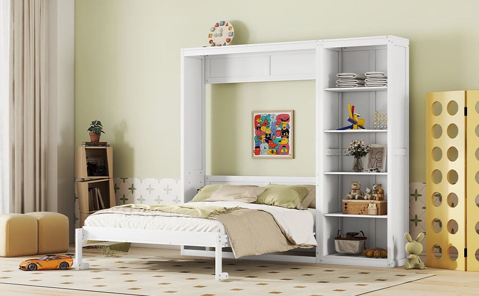 Queen Size Murphy Bed Wall Bed with Shelves,White