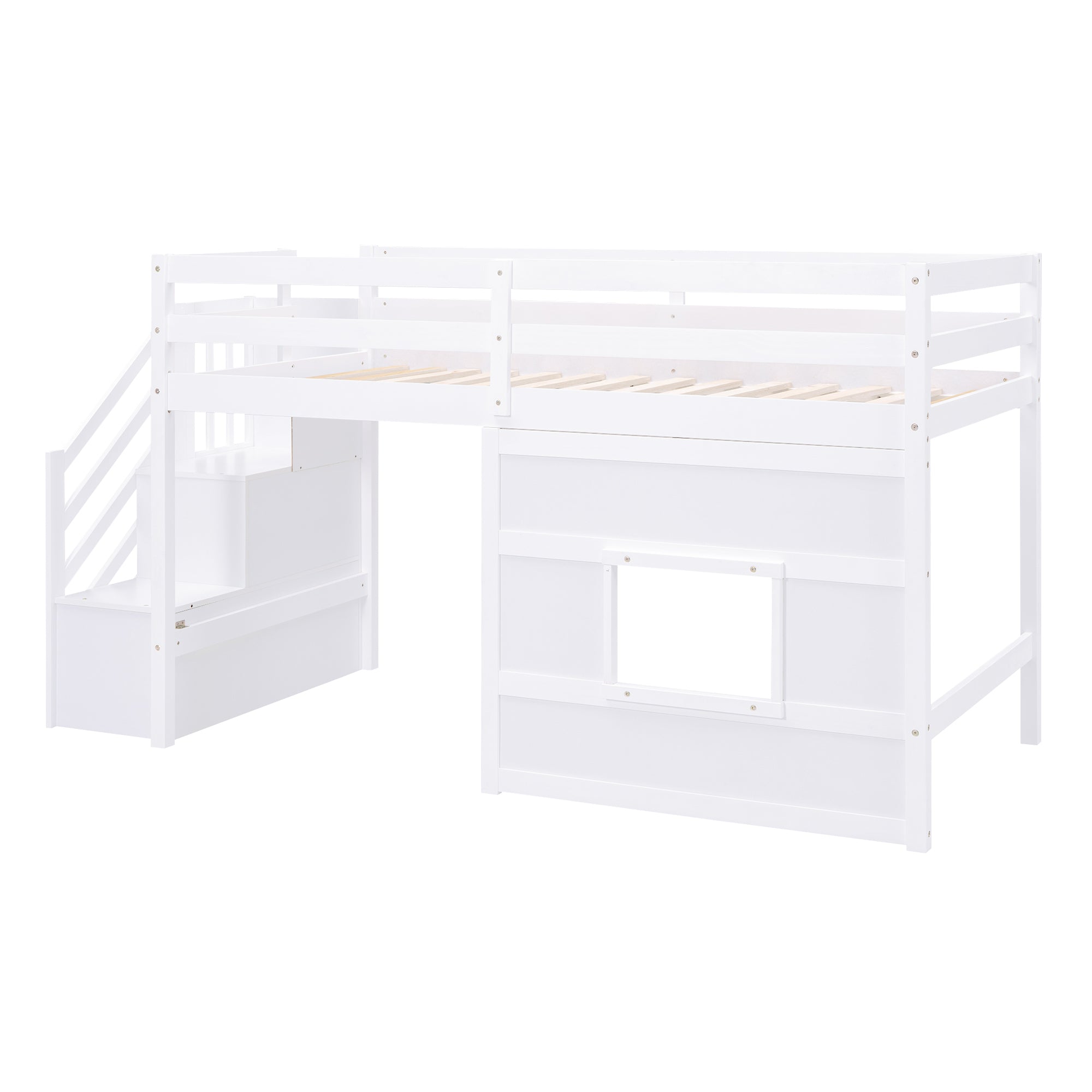 Twin Size Loft Bed with Storage Staircase and Window, White