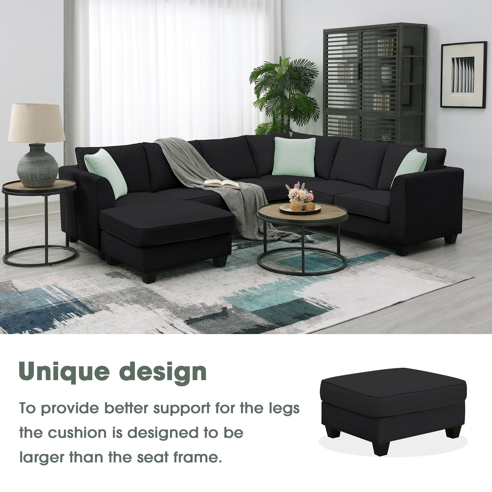 [VIDEO provided] 112*87" Sectional Sofa Couches Living Room Sets, 7 Seats Modular Sectional Sofa with Ottoman, L Shape Fabric Sofa Corner Couch Set with 3 Pillows, Black(New of GS008210AAB)