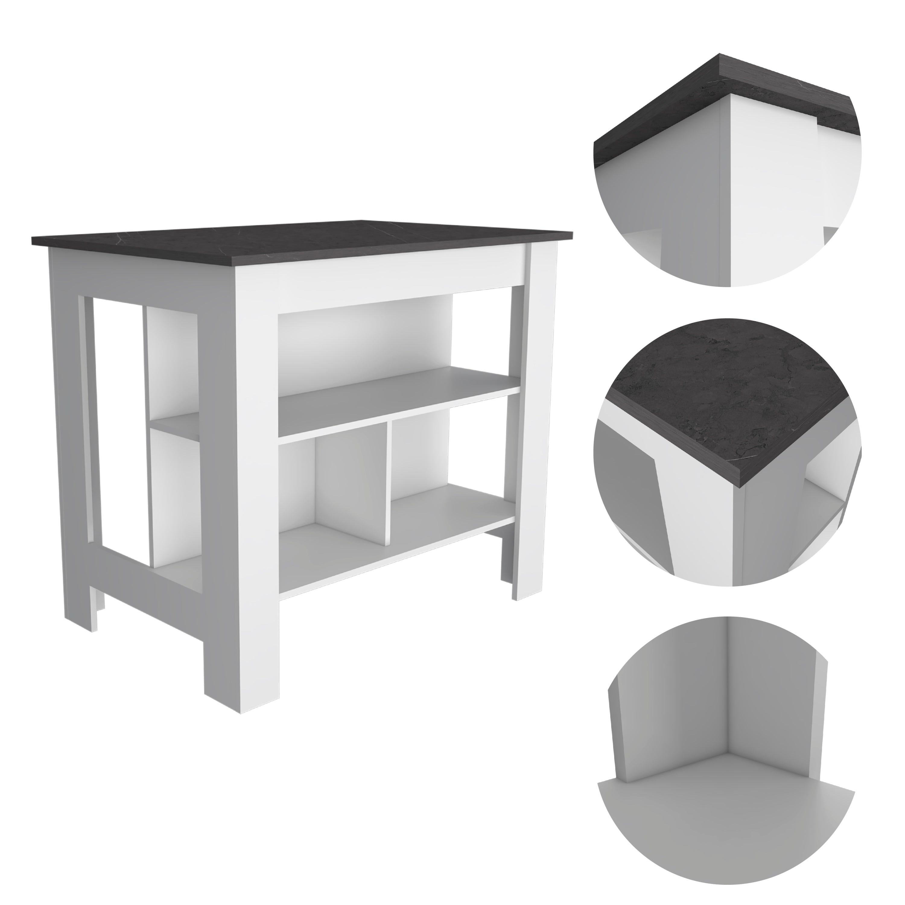 Cala Kitchen Island, Four Legs, Three Shelves  -White / Onyx